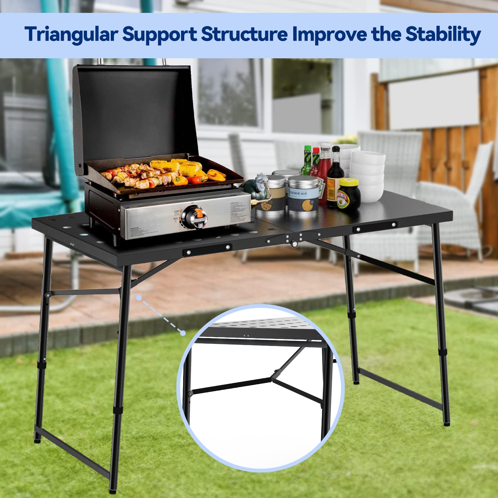 Skyflame Adjustable Height Folding Camping Table - Portable Black Metal Outdoor Grill Stand with Handle for BBQ, Grilling, Picnics, RV Trips & Tailgating | Perfect for Backyard Parties, Camping Adventures & Outdoor Cooking