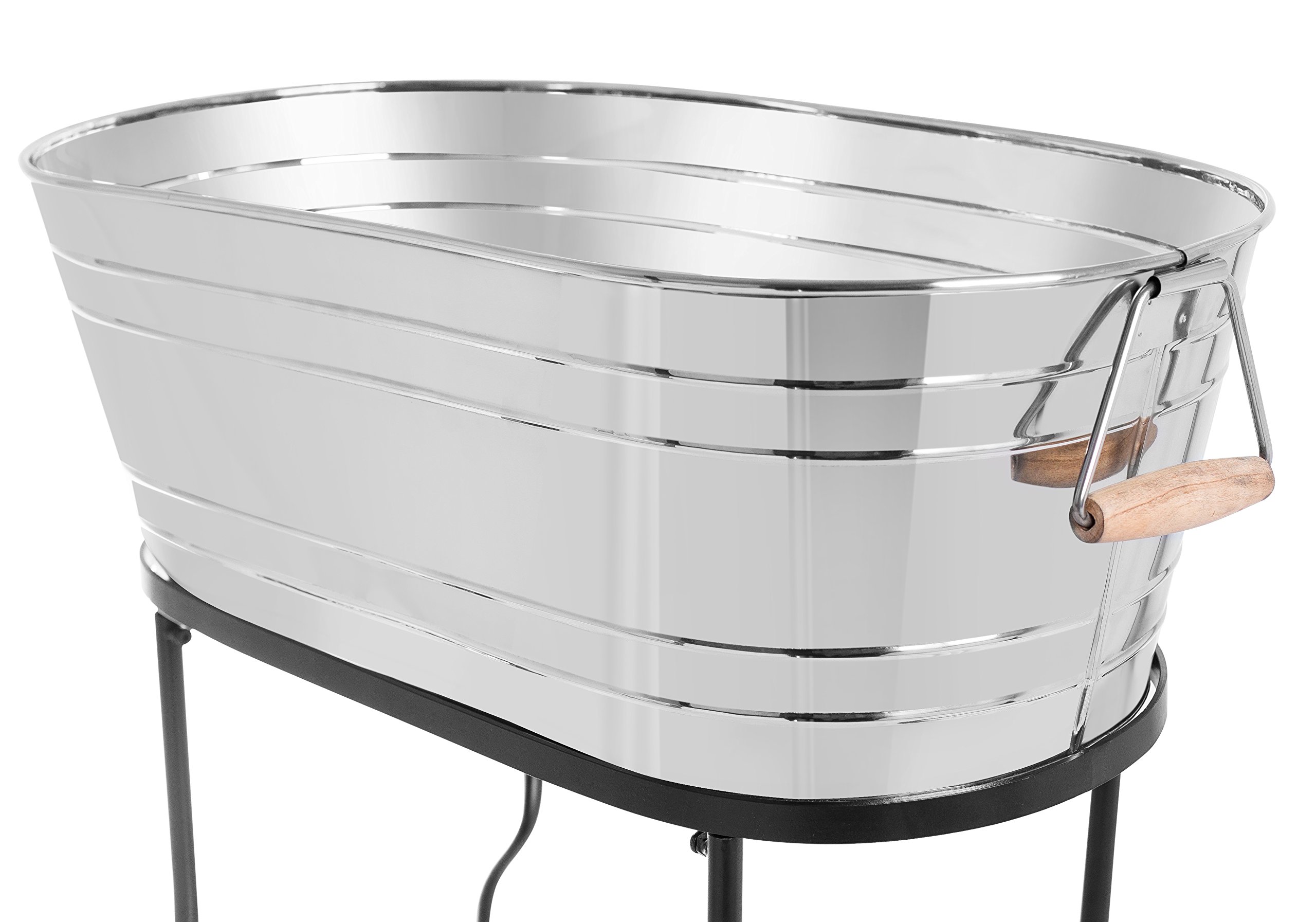 BirdRock Home Stainless Steel Beverage Tub with Stand - Oval Drink Cooler with Bottom Tray & Wooden Handles - Perfect for Outdoor Parties, BBQs, and Indoor Gatherings - Free Standing Drink Holder for Beer, Wine, and Cocktails