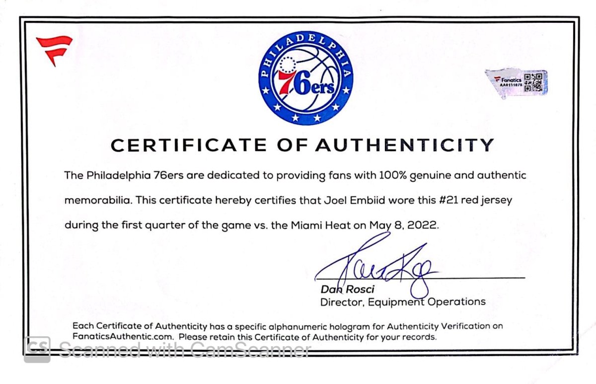 Authentic Joel Embiid Philadelphia 76ers Game-Worn Jersey from May 8, 2022 vs Miami Heat - Fanatics Certified with LOA - Perfect for NBA Memorabilia Collectors and 76ers Fans Display