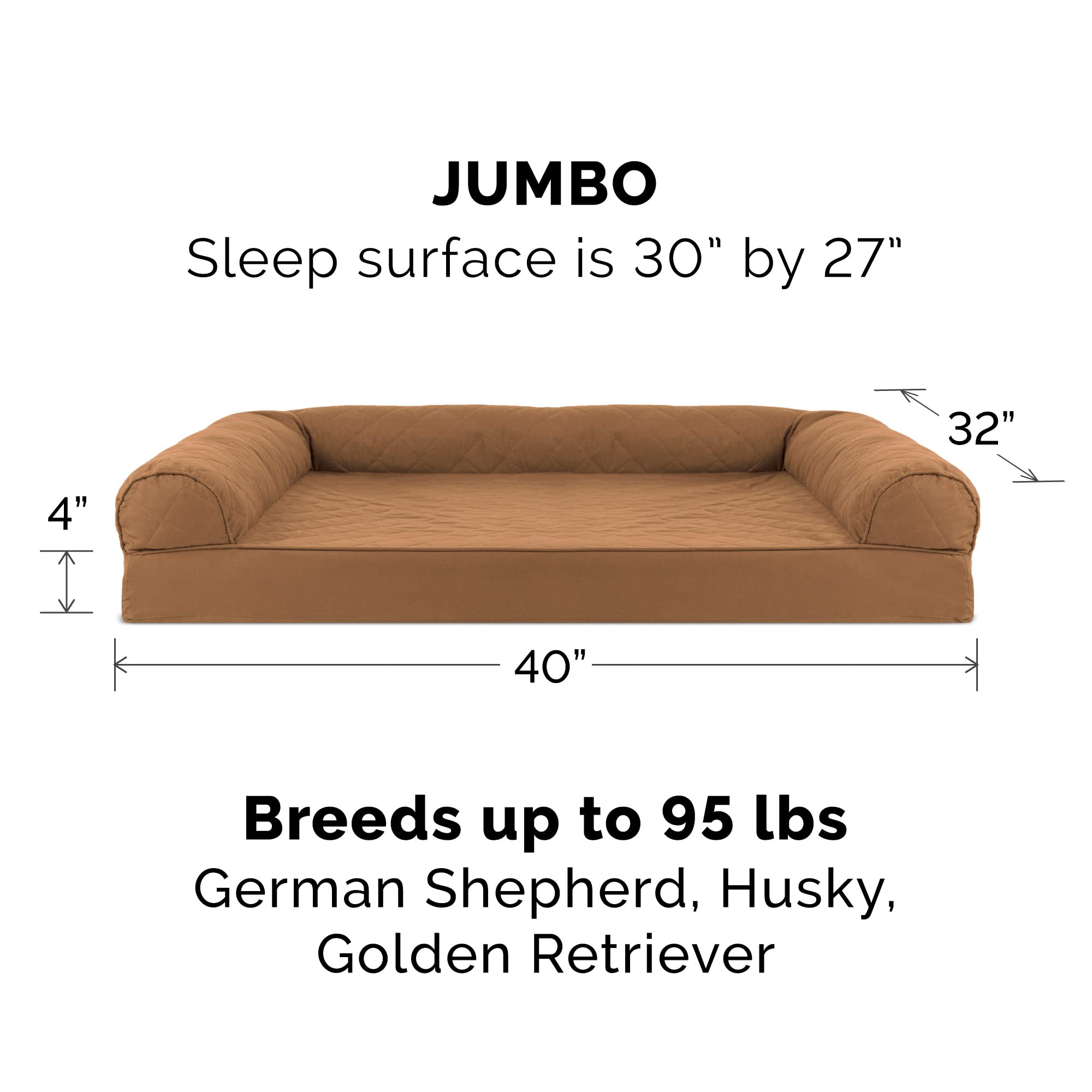 Furhaven Orthopedic Memory Foam Dog Bed for Large Dogs up to 95 lbs - Removable Bolster & Machine Washable Cover - Quilted Sofa Design in Toasted Brown (Jumbo/XL) - Perfect for Living Room, Bedroom or Pet-Friendly Office Spaces