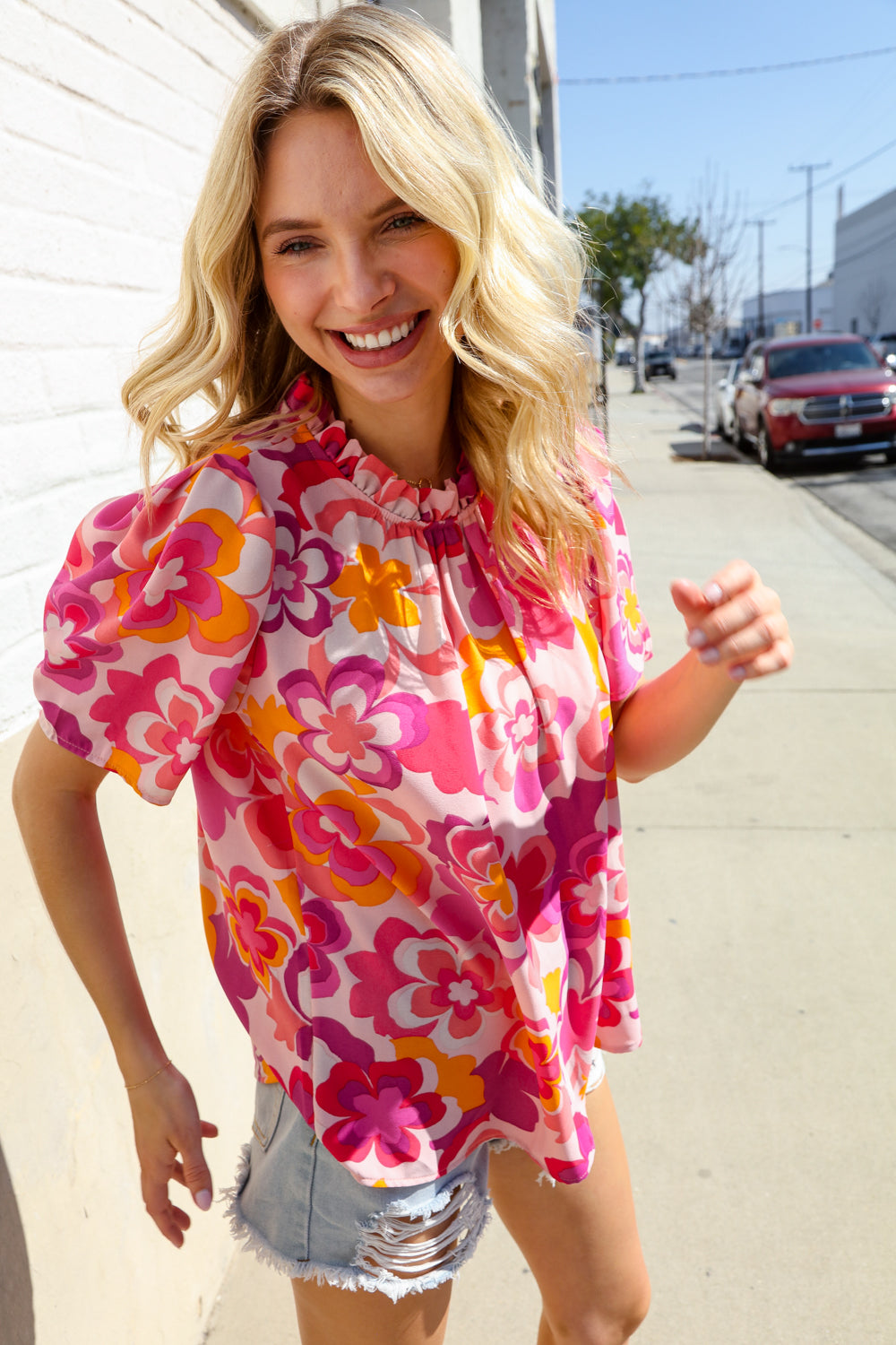 Perfectly You Fuchsia Big Floral Frill Neck Back Button Blouse - Women's Elegant Vintage Style Top for Parties, Dates & Office Wear