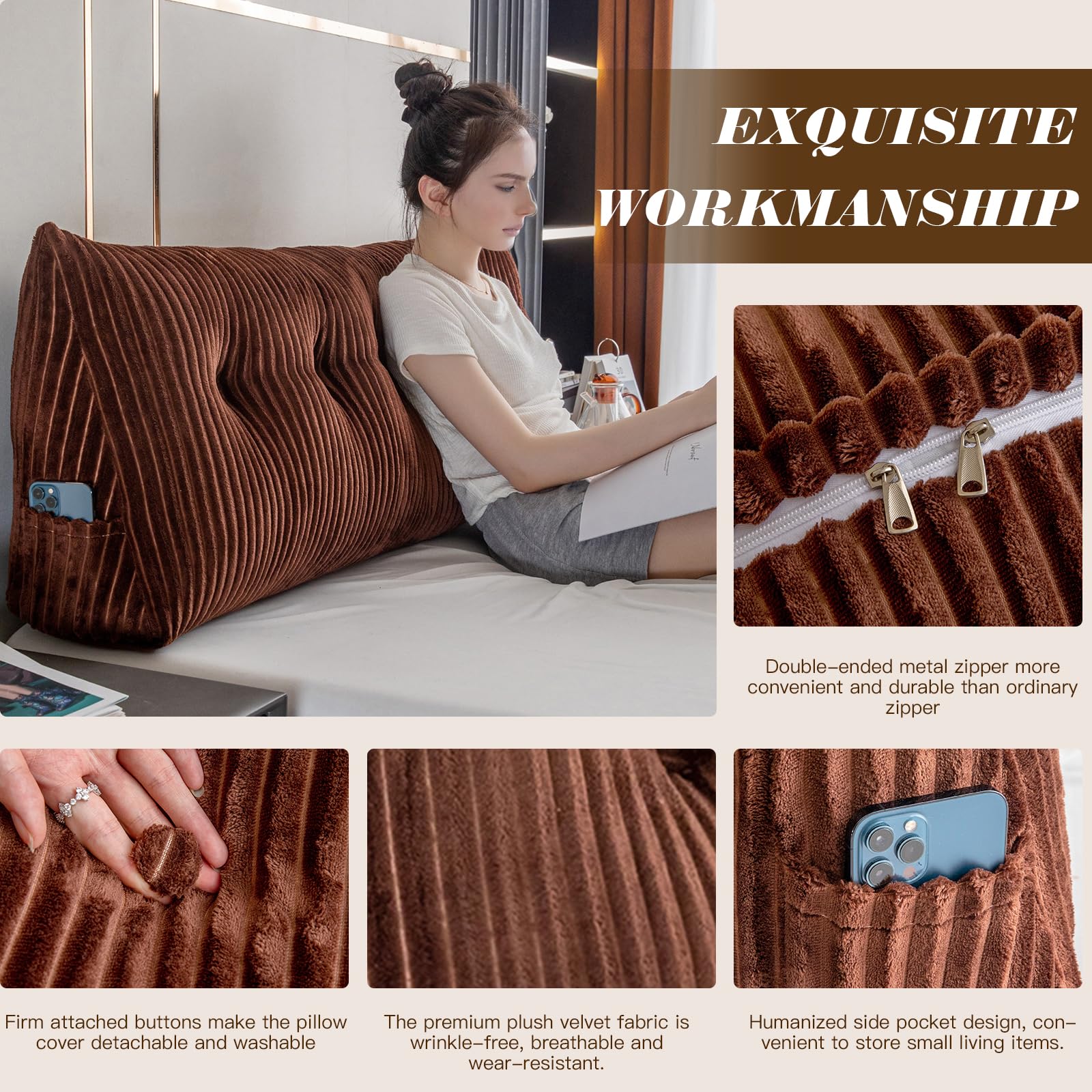 Queen Size Large Triangular Headboard Wedge Pillow - Bed Rest Reading Cushion with Removable Cover (59x8x20 Inches, Brown) - Perfect for Back Support, Reading in Bed, Watching TV, and Post-Surgery Recovery