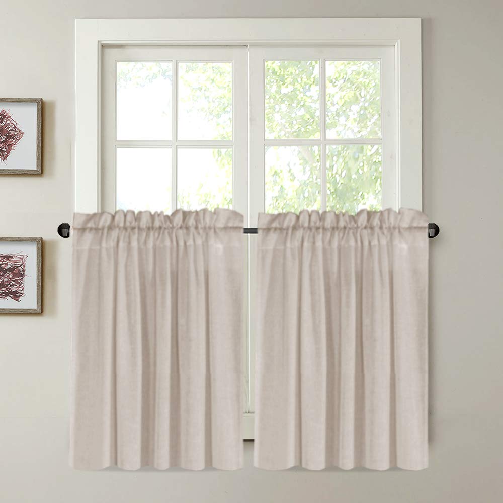 H.VERSAILTEX Natural Linen Kitchen Curtains 24 Inch Length - Textured Flax Window Curtain Panels with Rod Pocket for Bathroom & Kitchen - Light Filtering Tier Curtains for Small Windows (2 Panels, Angora) - Perfect for Farmhouse, Cottage & Coastal Home Decor