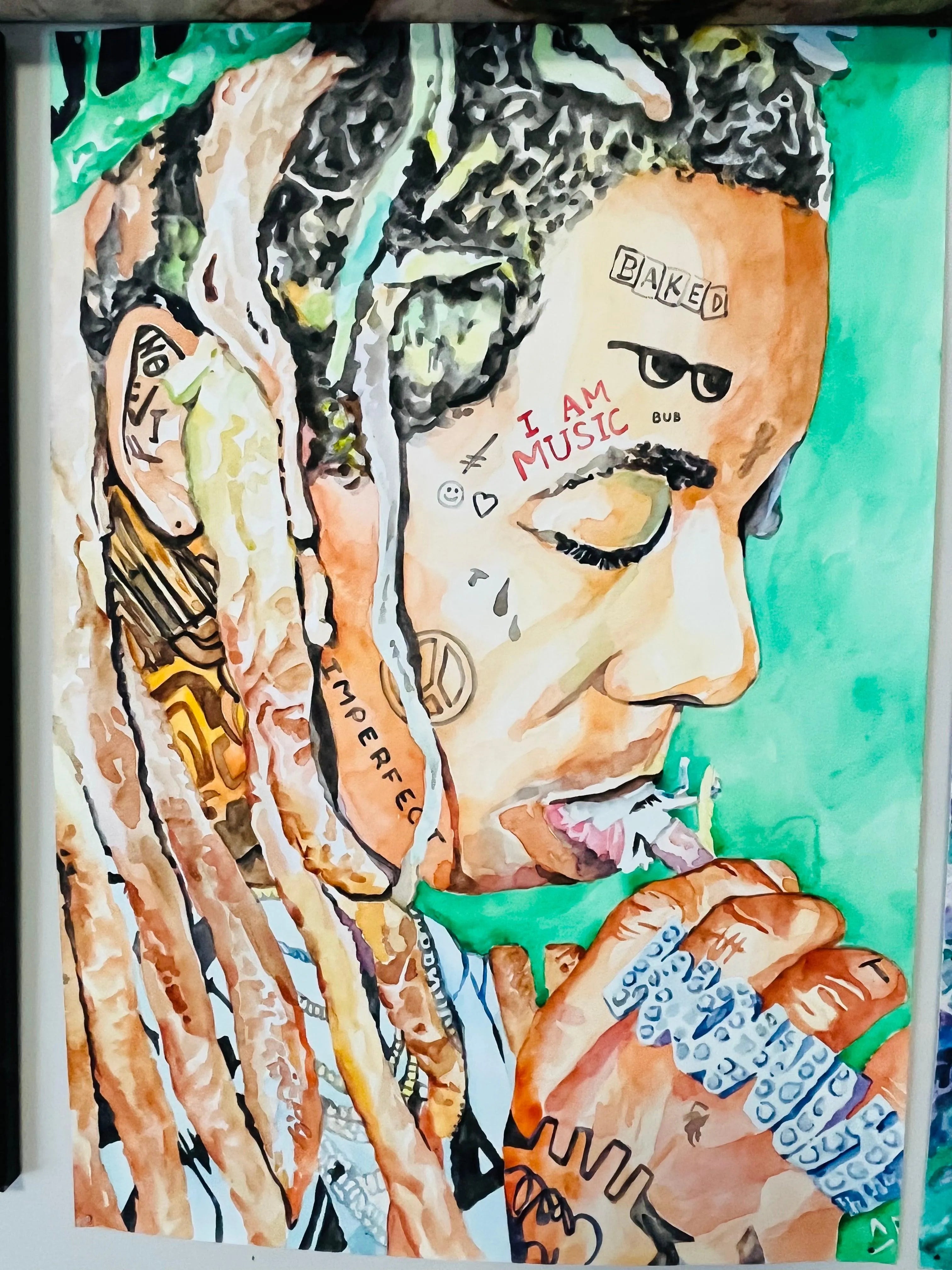 Original Hand-Painted Lil Wayne Watercolor Painting - Unique One-of-a-Kind Artwork for Home Decor, Music Lover Gifts & Hip-Hop Memorabilia