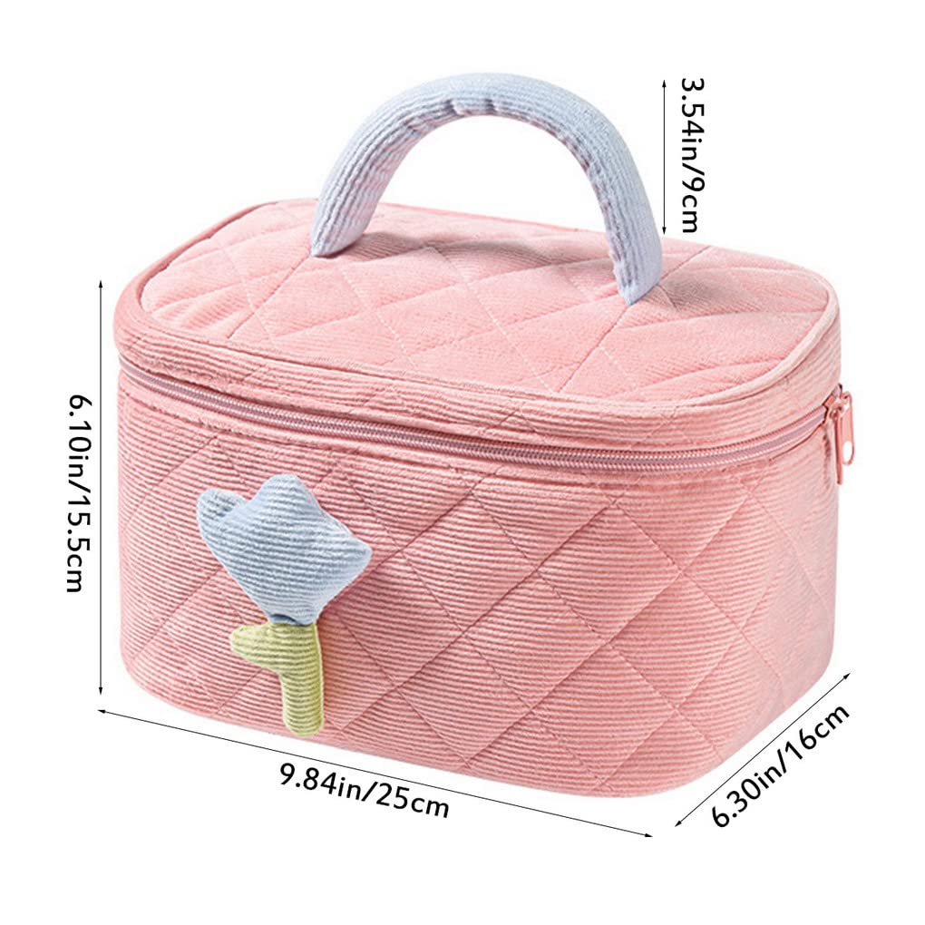 ACMEDE 3D Tulip Flower Makeup Bag for Women - Large Capacity Travel Cosmetic Organizer with Zipper, Corduroy Toiletry Bag for Girls | Perfect for Travel, Gym & Daily Beauty Storage (Beige)