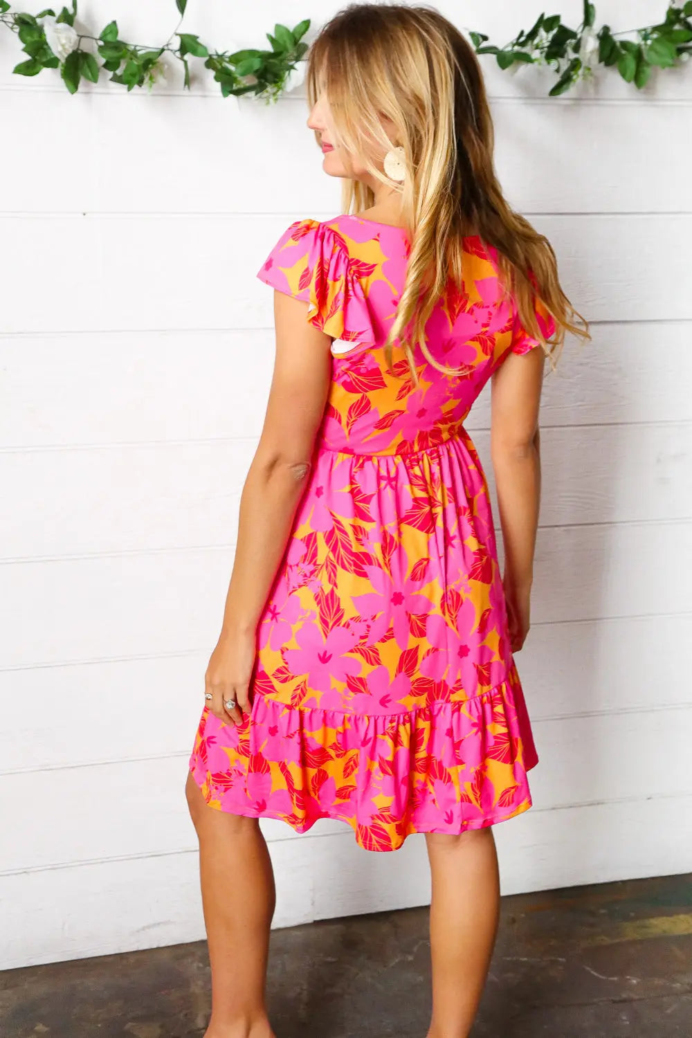 Fuchsia & Orange Tropical Floral Square Neck Summer Dress for Women - Beach Vacation, Party & Casual Outfit