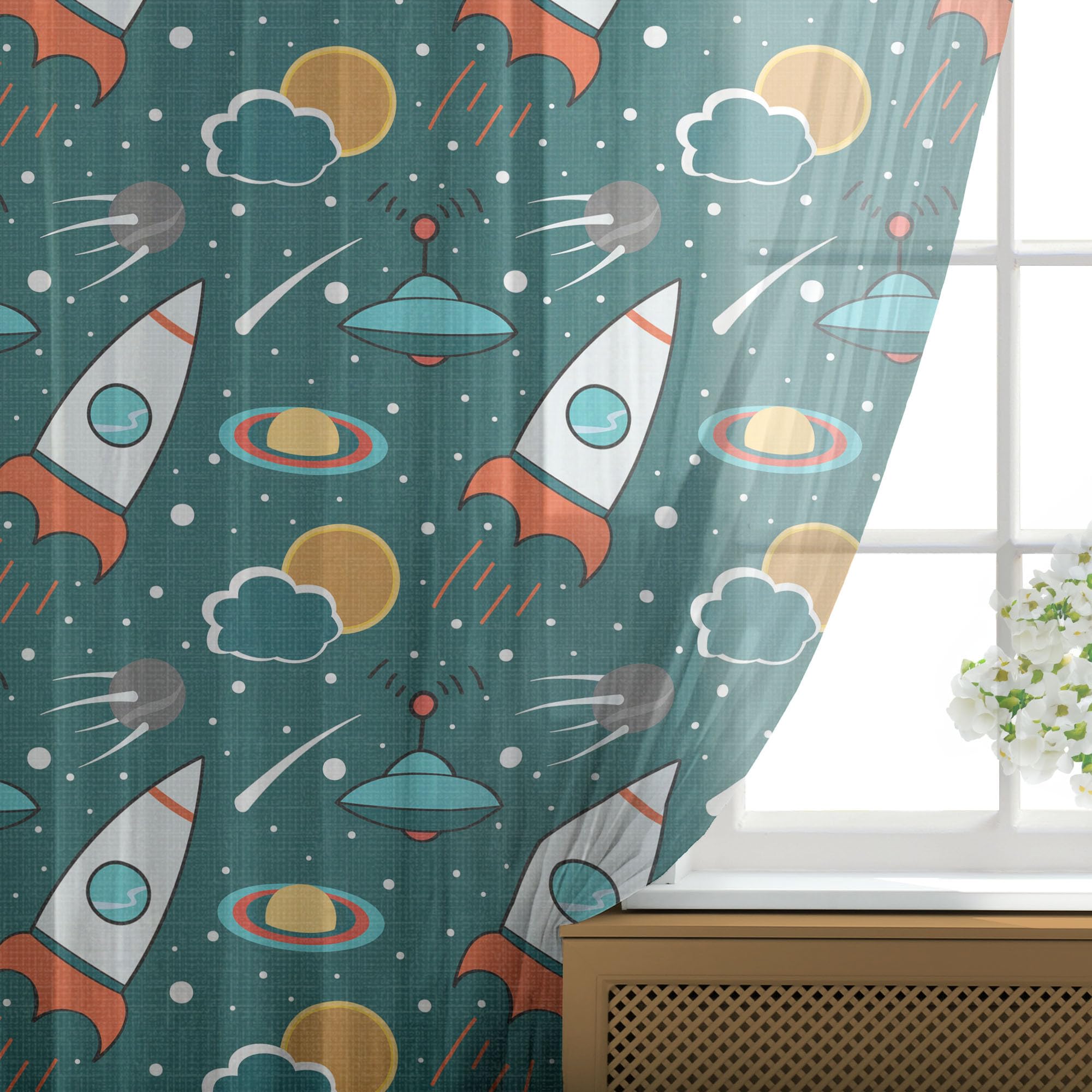 Ambesonne Space Themed Tulle Curtains - Outer Space Cartoon Design with Saturn, Sun & Nebula Print - 2 Panel Sheer Drapes for Bedroom, Living Room & Kids Room - 108
