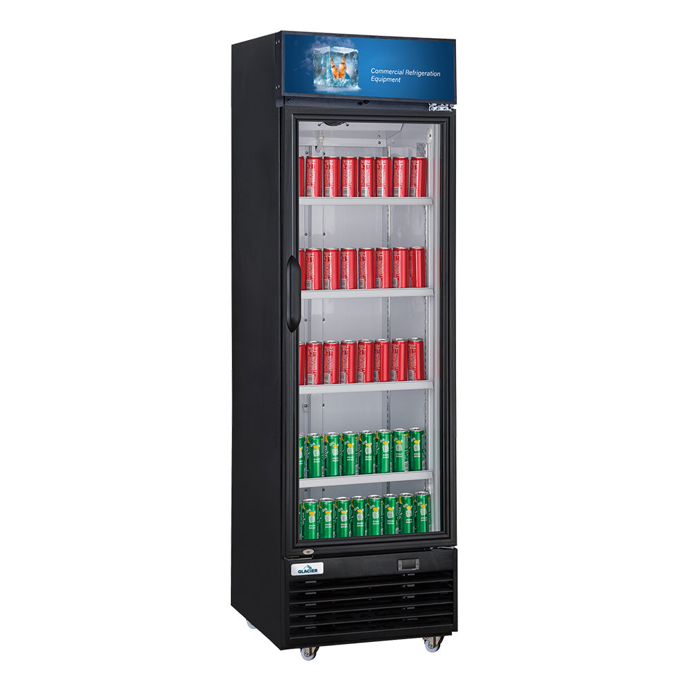 Glacier 24 Inch Commercial Merchandiser Refrigerator with 1 Glass Door - Black Exterior for Restaurants, Cafes, and Convenience Stores