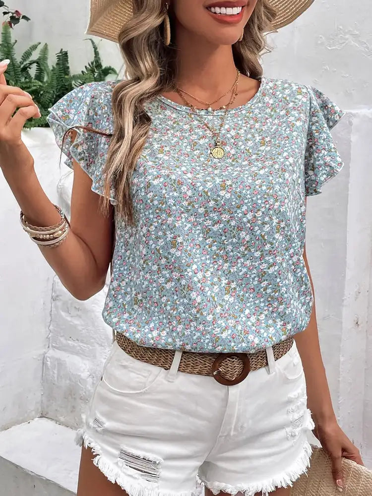 Women's Ditsy Floral Print Round Neck Cap Sleeve Blouse - Casual Summer Tops for Beach, Vacation & Everyday Wear