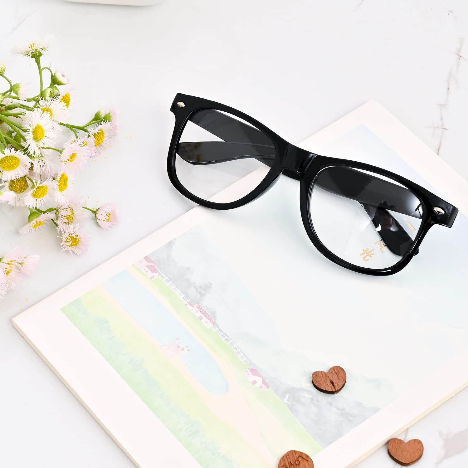 Jomnvo 2 Paris Black Frame Retro Nerd Glasses with Clear Lens - Vintage Style Eyewear for Costume Parties, Cosplay & Themed Events