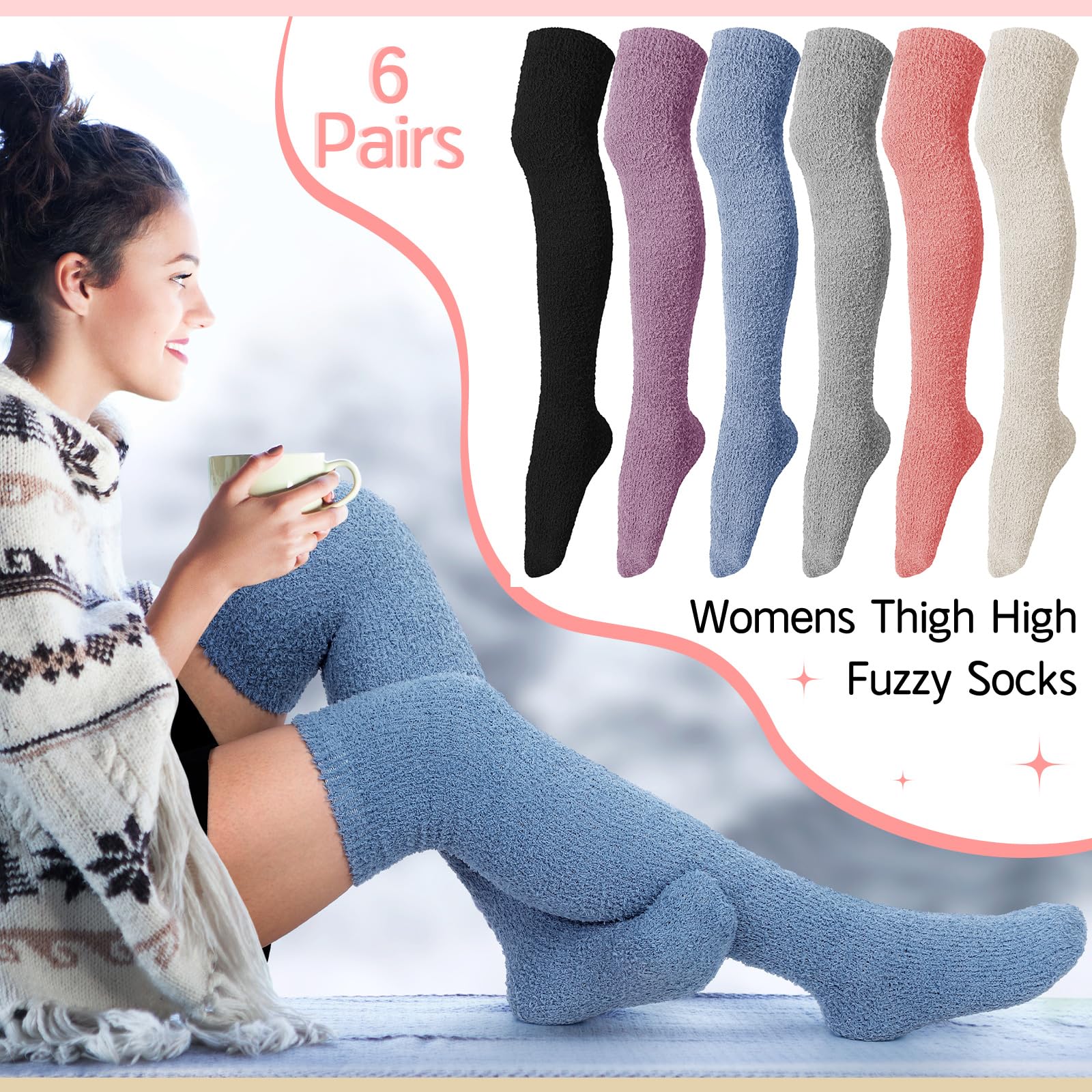 Liitrsh 6 Pairs Women's Knee High Fuzzy Socks - Soft Plush Long Thigh High Warm Winter Stockings | Cozy Thermal Slipper Socks for Home, Office & Cold Weather Comfort