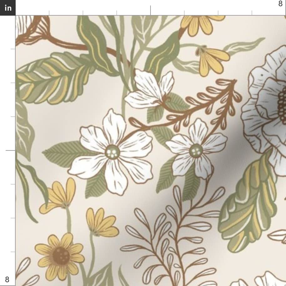 Bohemian Floral Sage Green Coffee Tone Printed Organic Cotton Sateen Fabric by The Yard - Perfect for Sewing, Quilting, Apparel & Home Decor - Spring Elegant Whimsical Design for Dresses, Curtains & DIY Crafts