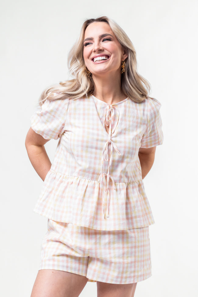 Stylish Multi Gingham Short Sleeve Tie Front Peplum Blouse for Women - Perfect for Office Wear & Summer Outfits