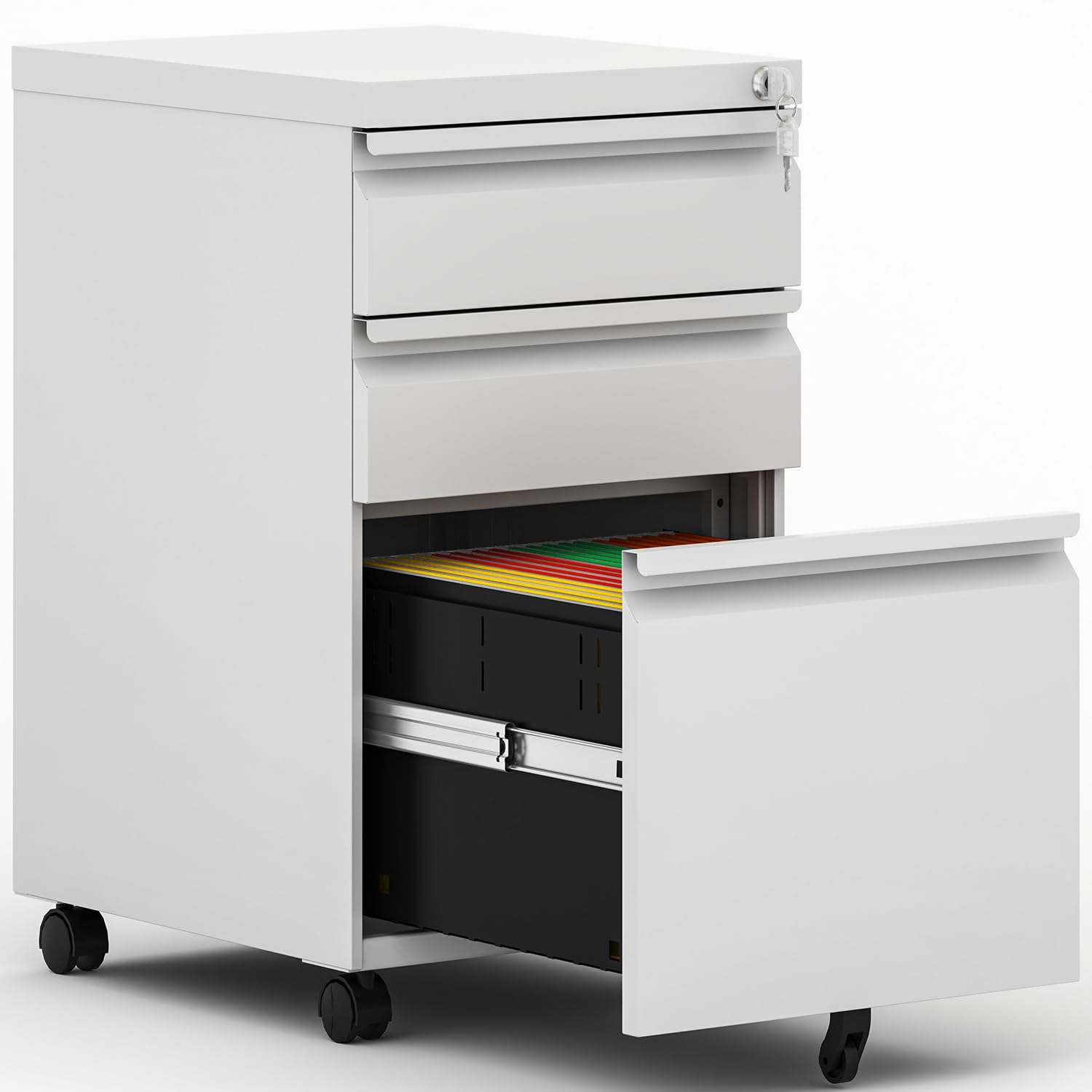 3 Drawer Mobile File Cabinet with Lock & Wheels - Metal Under Desk Rolling Storage for Legal/Letter Hanging Folders - Fully Assembled White Office Organizer for Home, Business & School Use