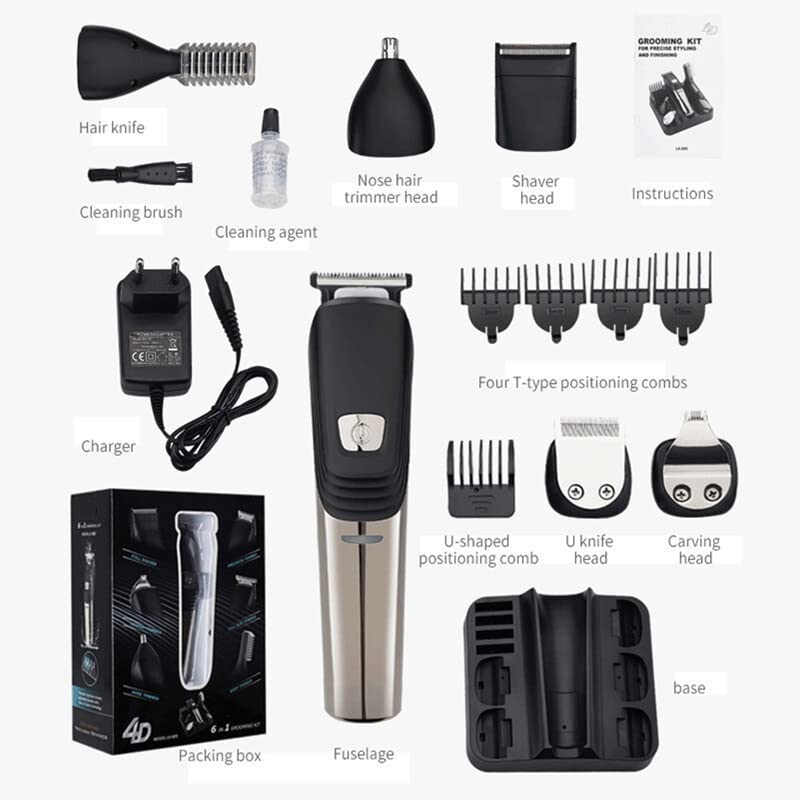 Professional 6-in-1 Electric Hair Clipper Set for Men - Waterproof Beard Trimmer, Hair & Nose Grooming Kit with Multiple Attachments for Home Haircuts & Personal Grooming | Perfect for Family Use, Travel & DIY Styling