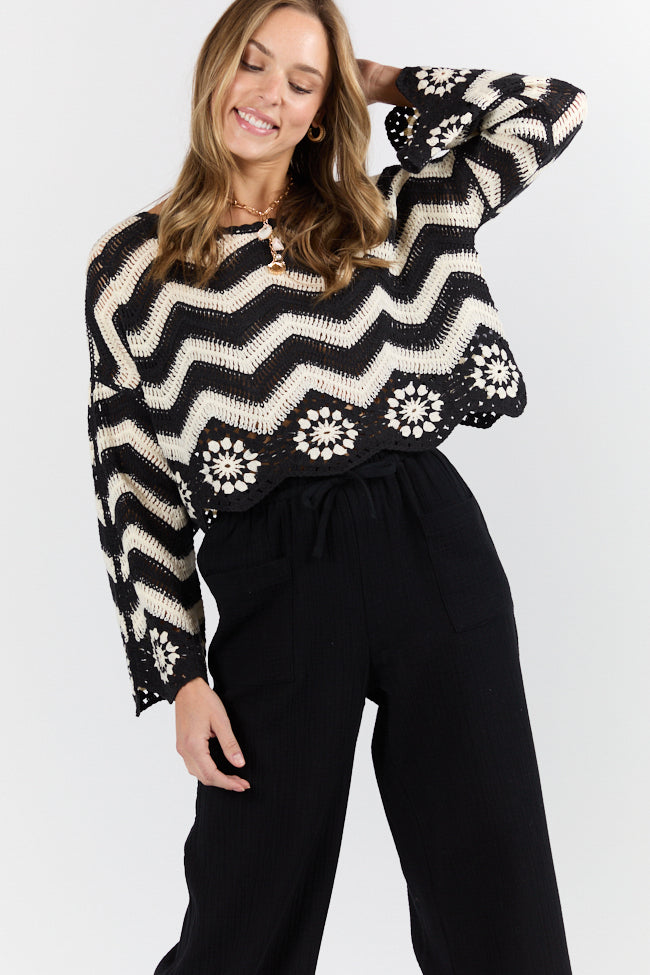 Saltwater Nights Black and Ivory Crochet Sweater for Women | Boho Beach Cover Up | Perfect for Summer Evenings & Vacation Outfits