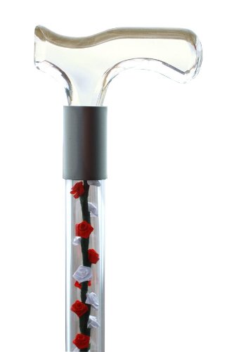 Elegant Acrylic Designer Walking Cane with Red & White Silk Roses - 30 Inch Fashionable Support Cane for Women & Seniors - Perfect for Weddings, Special Occasions and Mobility Assistance