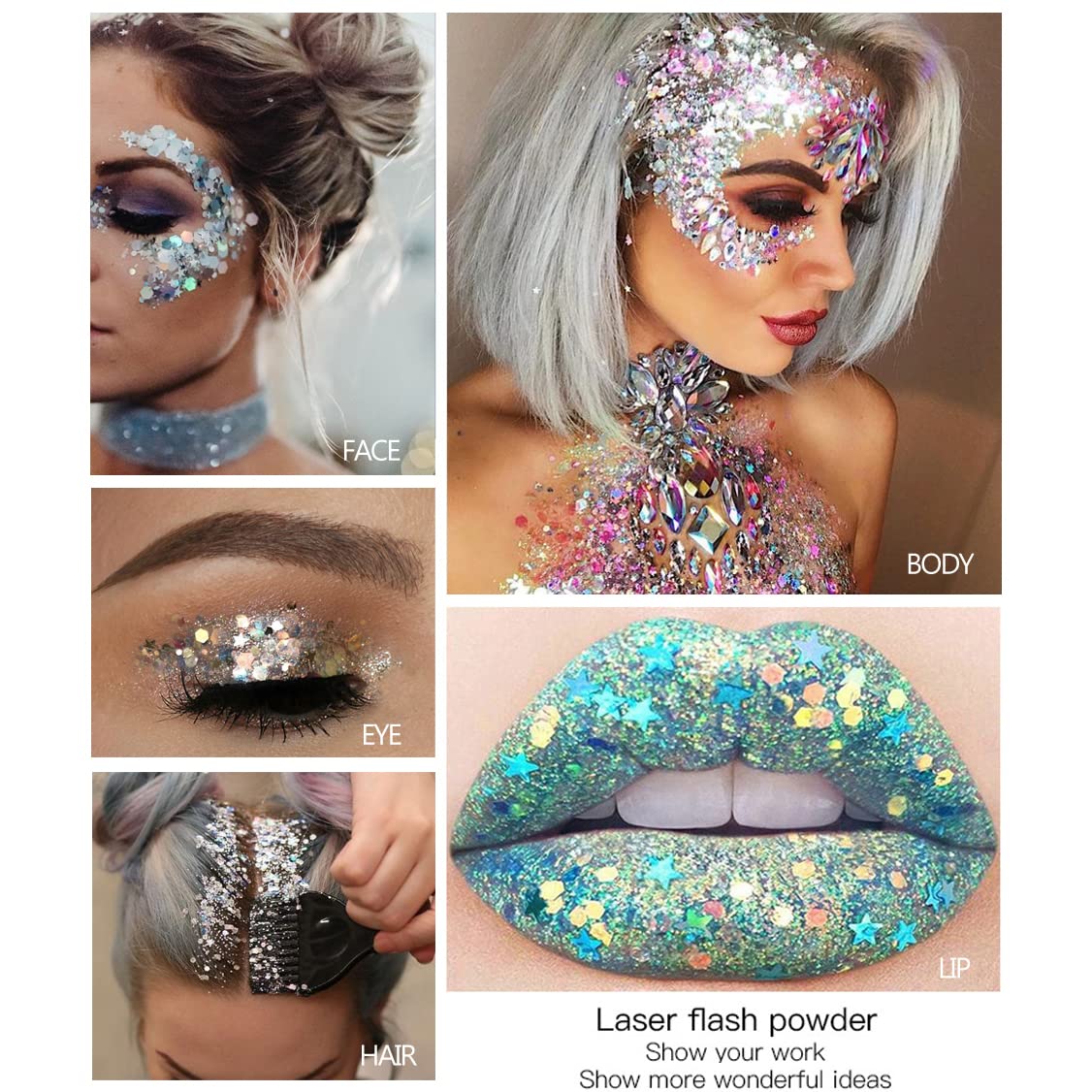 HIROCK Chunky Glitter for Face & Body - Mermaid Sequins, Holographic Liquid Eyeshadow, Festival Glitter Makeup - Perfect for Nails, Costumes, Party & Cosplay (09)