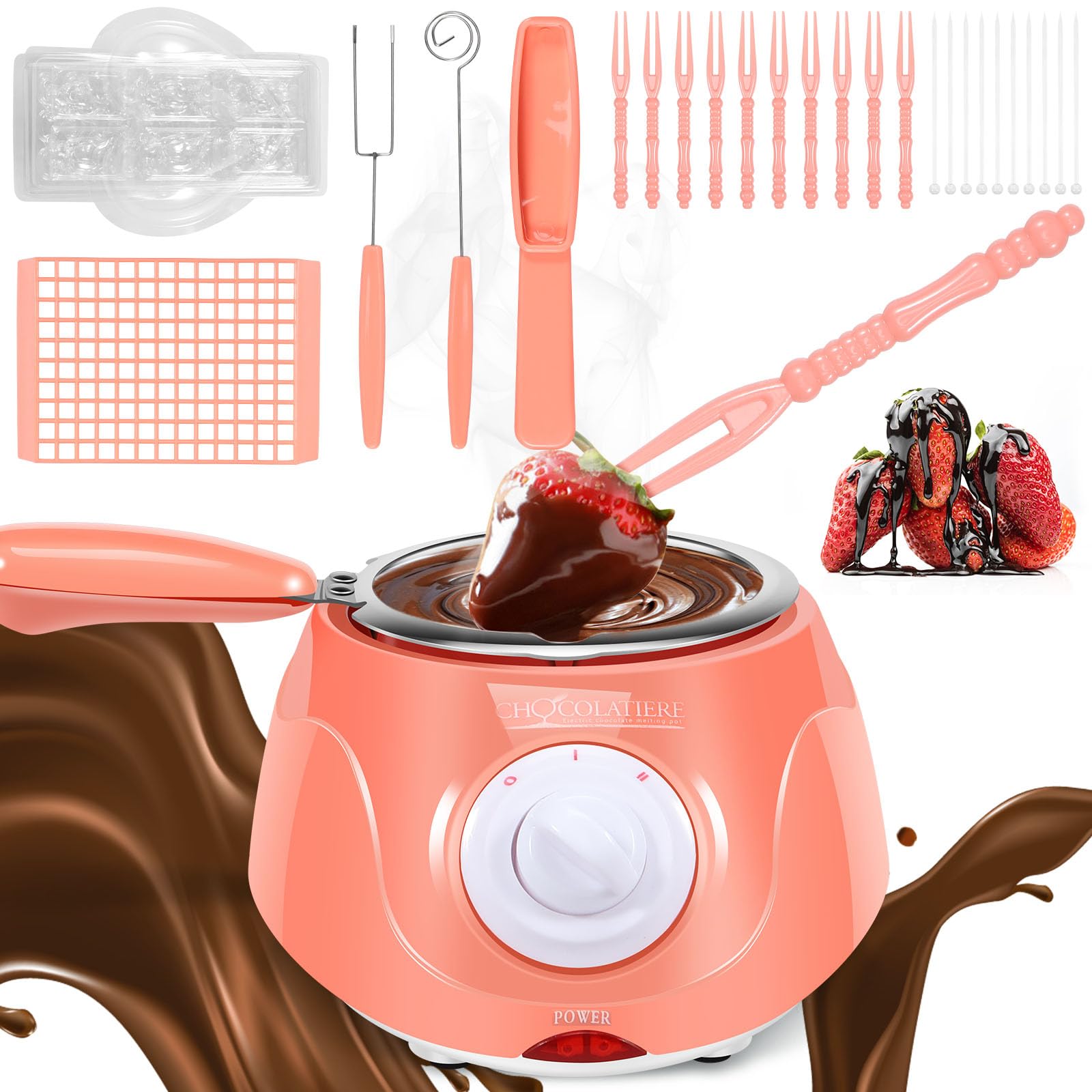 8.45 oz Electric Chocolate Fondue Pot Set - Adjustable Temperature 2-Speed Melter for Cheese, Candy & Milk - Pink Chocolate Fountain Warmer Machine for Parties, Valentine's Day & Family Gatherings