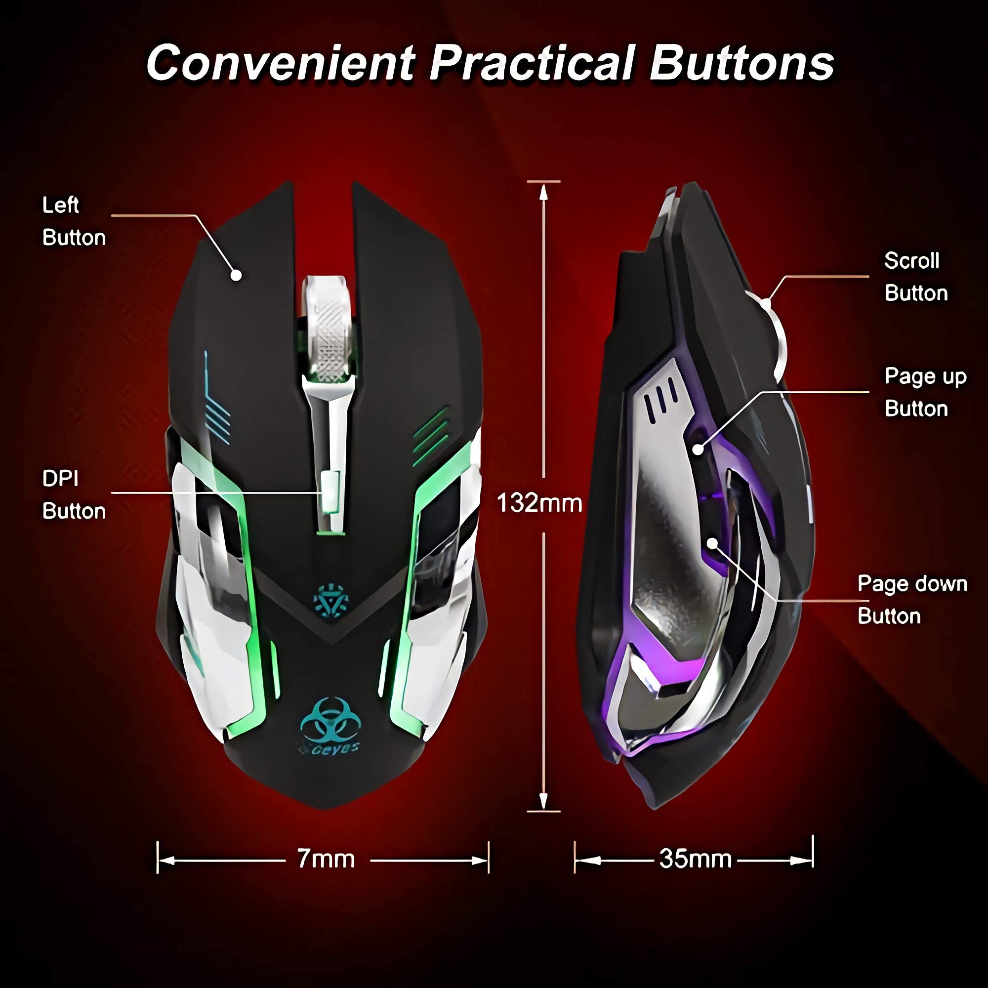 VEGCOO Wireless Gaming Mouse - Silent Rechargeable RGB Mouse with 3 Adjustable DPI & 6 Buttons for PC, Laptop, Mac - Perfect for Gaming, Office Work & Home Use
