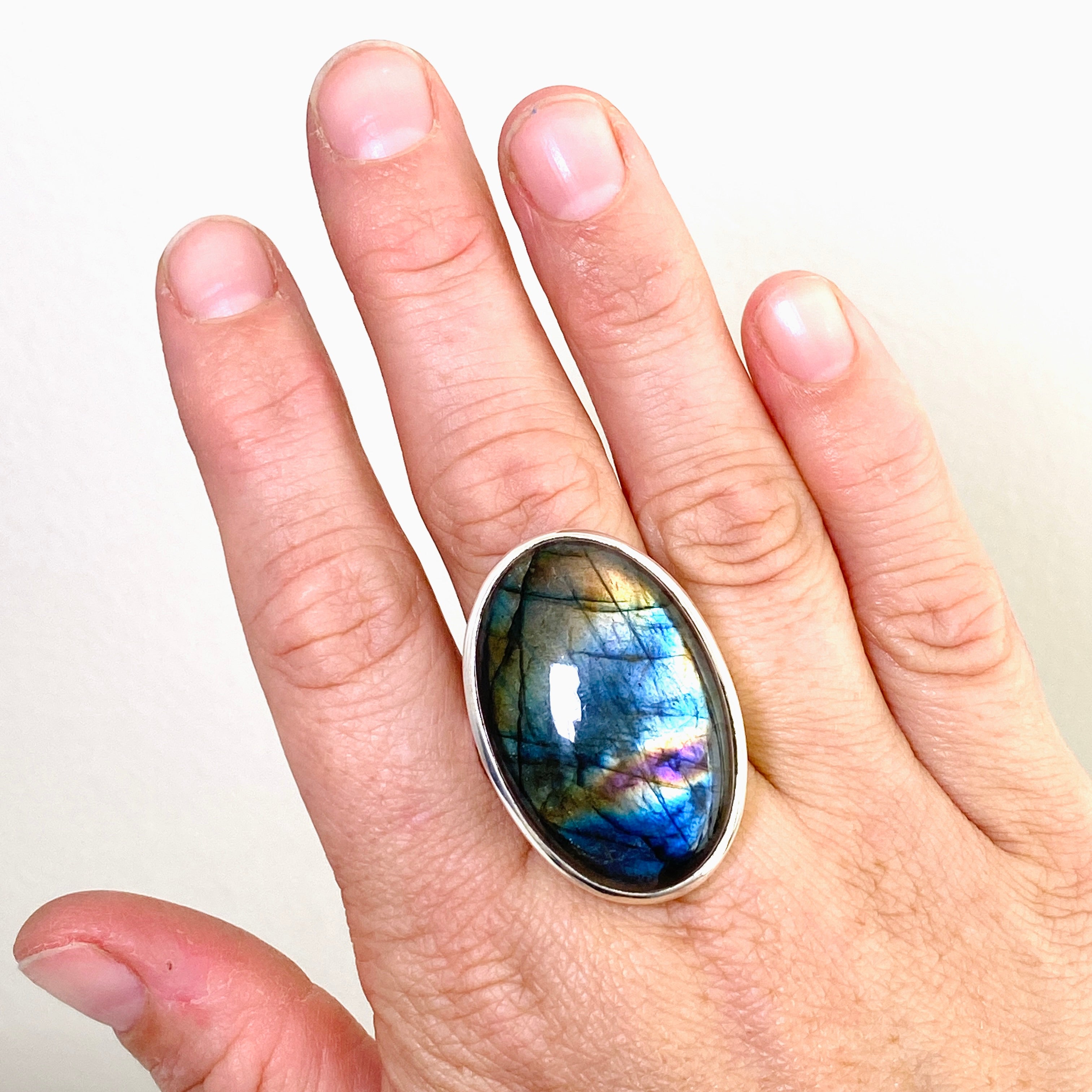 Labradorite Oval Cabochon Ring - Size 13 - Natural Stone Jewelry - Handmade Sterling Silver Ring for Women - Perfect for Boho Fashion & Spiritual Healing