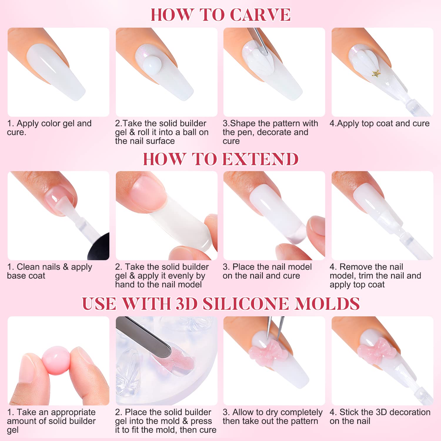 AIMEILI Hema-Free Solid Builder Nail Gel Kit - 4 Colors Nail Extension Gel with 2-in-1 Pen Brush, 100pcs Clear Dual Nail Forms & 10pcs Nail Tips Guide Stickers - Perfect for DIY Nail Art, Salon Extensions & At-Home Manicures