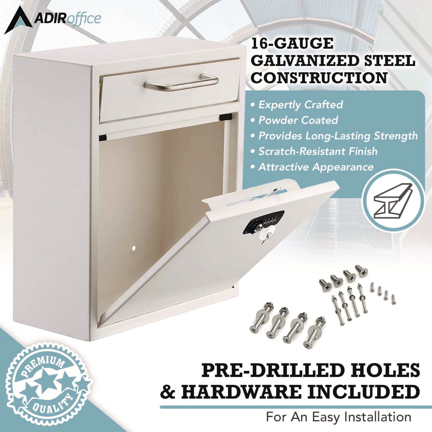 AdirOffice Medium Secure Drop Box - Wall Mounted Locking Mailbox with Key & Combination Lock - 10.51