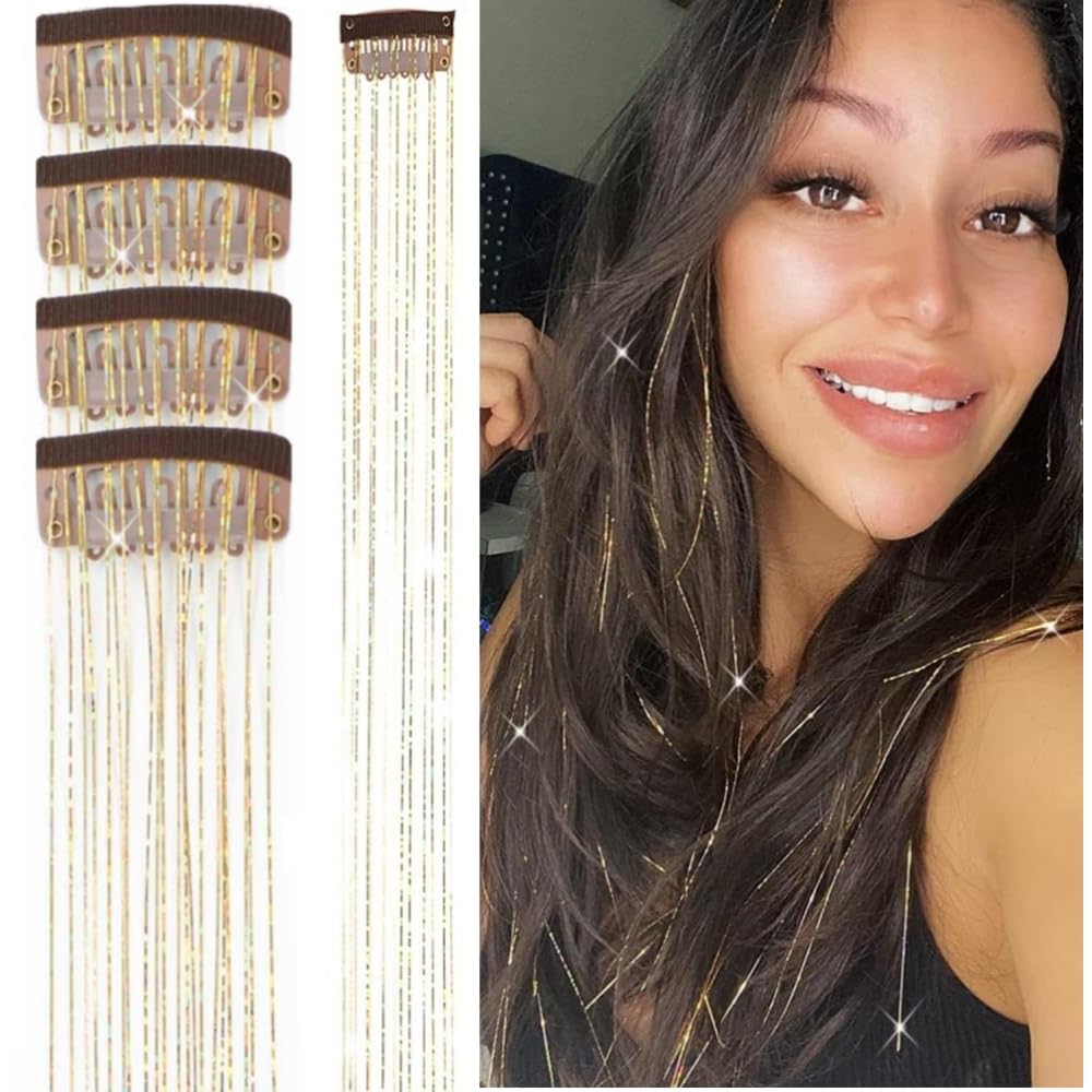BowieMall 4-Piece Clip-In Hair Extension Kit with Glitter Tinsel - Heat Resistant Synthetic Hair Extensions for Women, Girls & Kids - Perfect for Parties, Festivals, Cosplay & Special Occasions