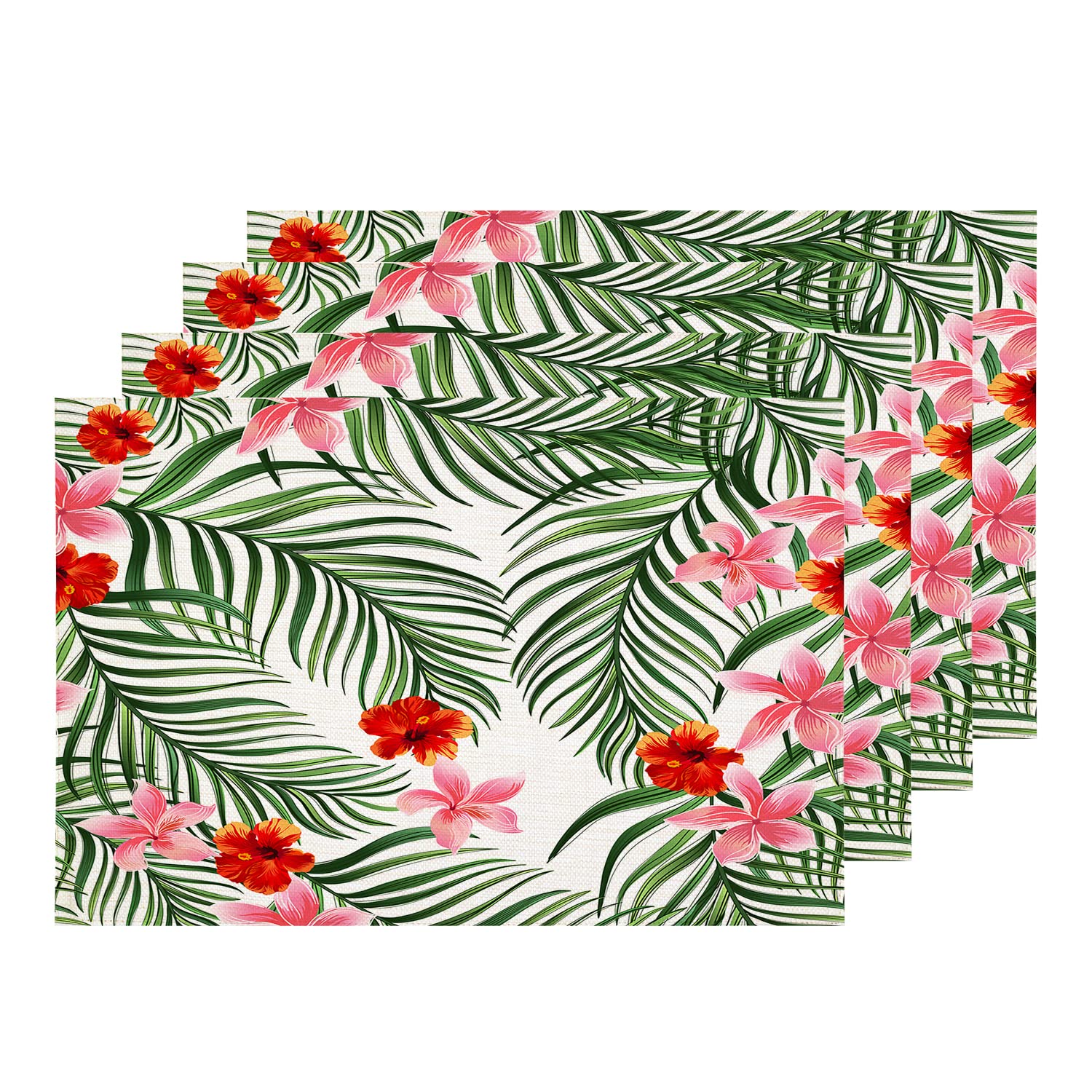 Shrahala Tropical Palm Leaves Placemats Set of 4 - 12x18 Inch Green & Pink Washable Linen Burlap Table Mats with Heat Insulation for Dining, Kitchen, Party Decor, and Holiday Table Settings