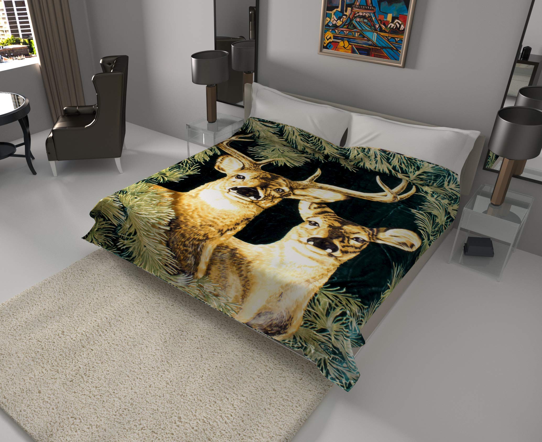 SOLARON Reversible Mink Blanket - Ultra Soft & Heavy Weight - King/Queen Size - 136 Deer Green - Perfect for Bed, Sofa & Winter Comfort
