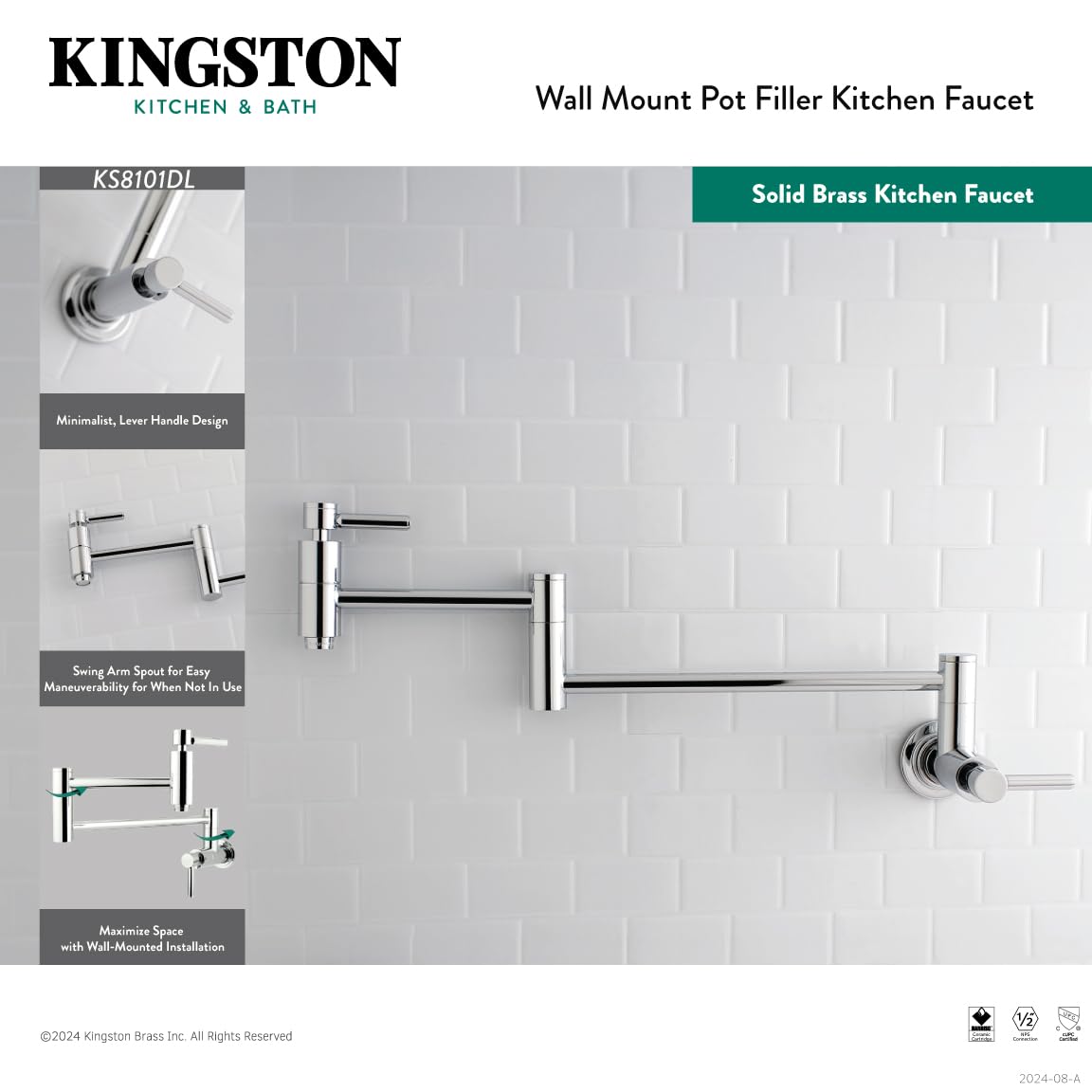 Kingston Brass KS8108DL 13-Inch Brushed Nickel Pot Filler Faucet - Perfect for Kitchen Sink, Stove & Cooking Area