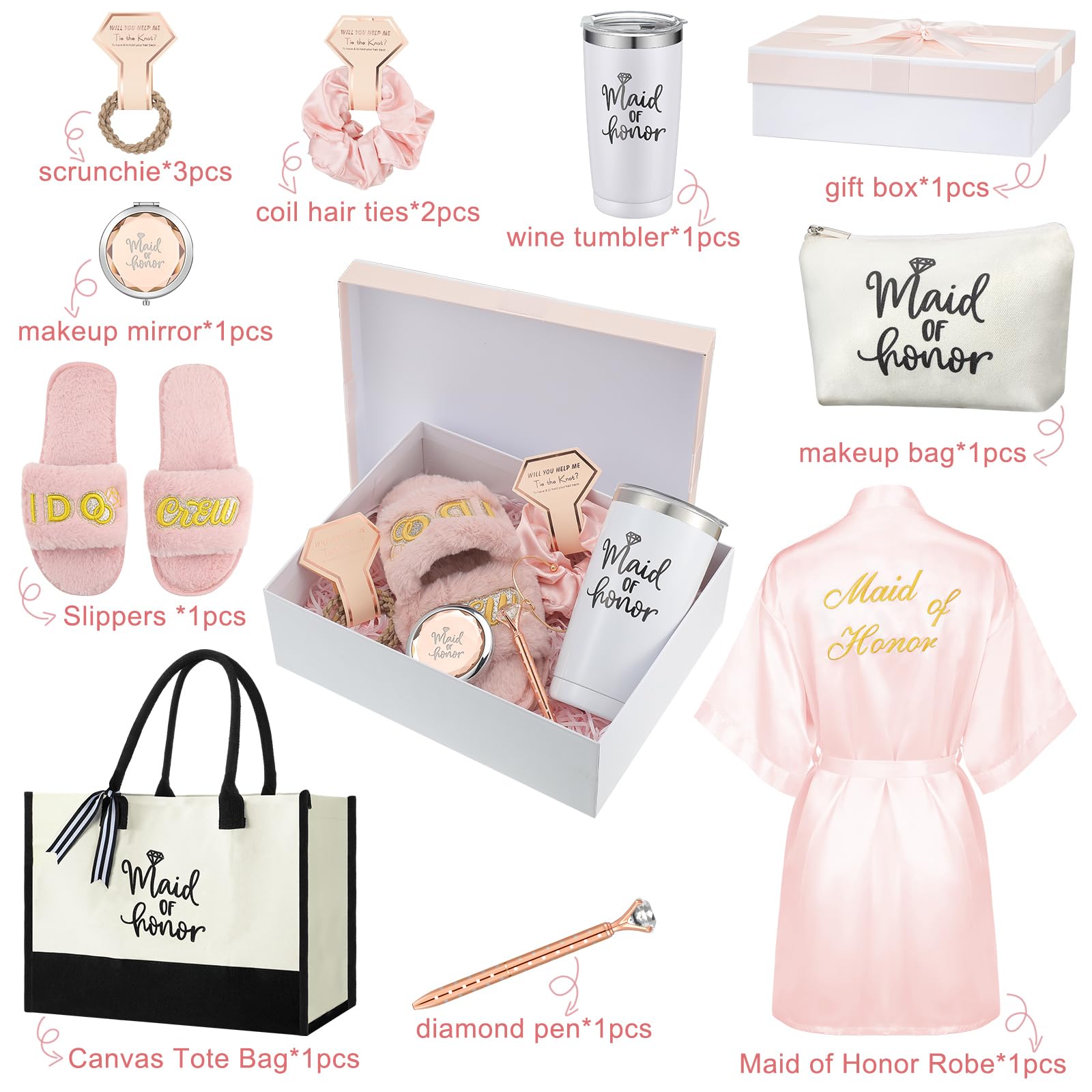 Berlune 14-Piece Bridal Gift Set - Satin Robe, Canvas Tote Bag, Stainless Steel Glasses & Slippers - Perfect Wedding Party Favors & Bridesmaid Proposal Gifts