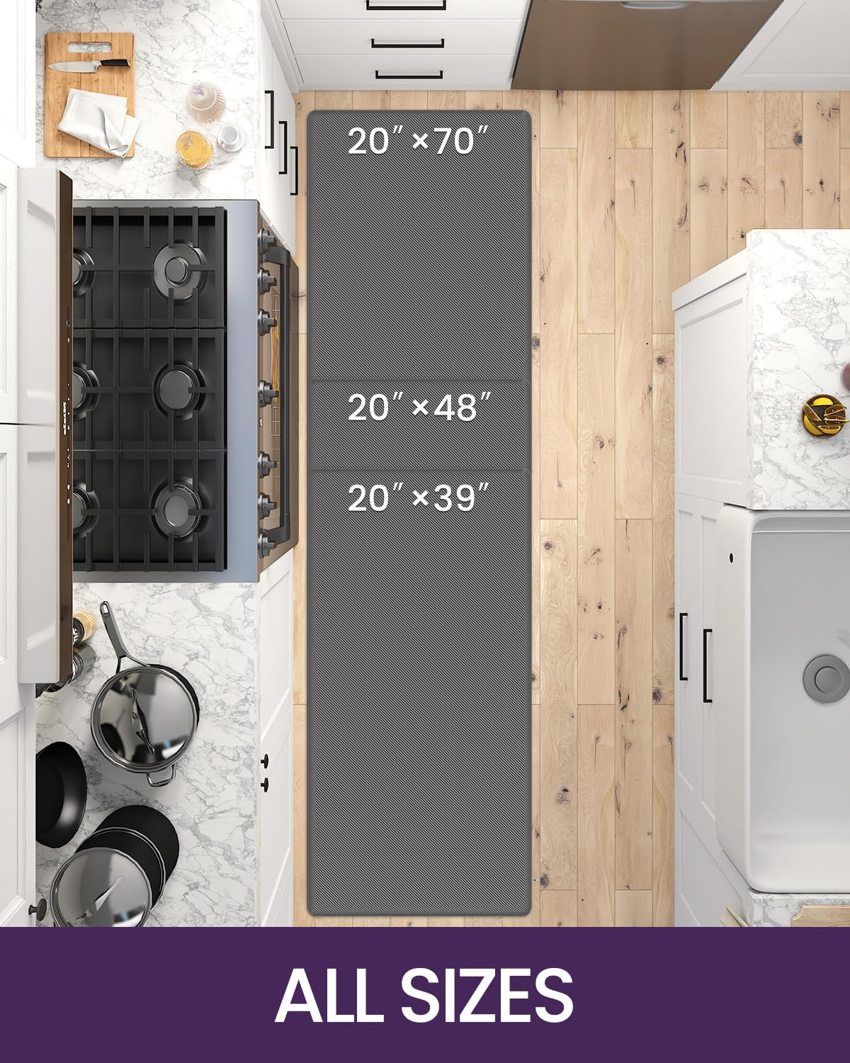 DEXI Anti-Fatigue Kitchen Mat - Non-Slip Waterproof Standing Floor Rug for Comfort - 48x20 Inch Cushioned Mat for Kitchen, Office, Laundry & Sink Areas - Grey - Perfect for Long Standing & Wet Floors