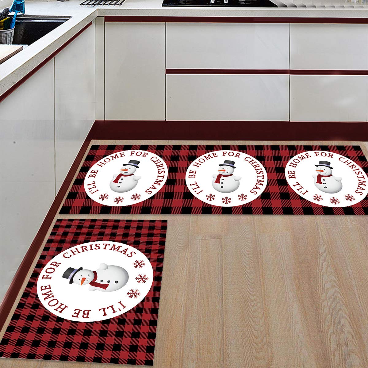 Red Buffalo Plaid Christmas Kitchen Mat - Anti-Fatigue Floor Rug with Snowman Design for Winter Decor | Perfect for Kitchen Organization, Standing Desk & Home Decor