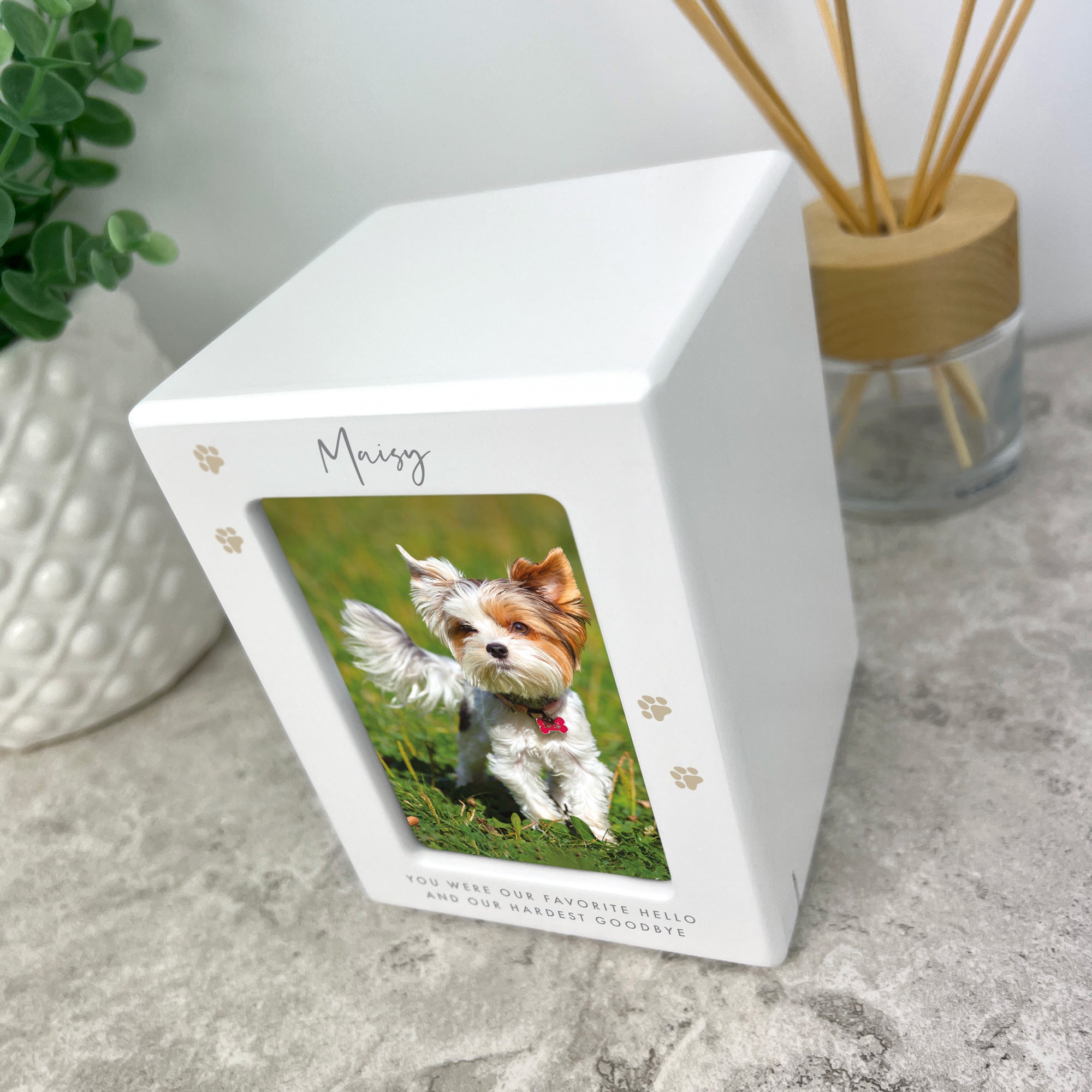 Personalized Neutral Paw Prints Pet Cremation Urn for Ashes - Holds 0.51 Liters (9.5cm x 6cm) with Photo Frame - Perfect Memorial for Beloved Dogs, Cats & Small Pets - Home, Shelf or Memorial Display