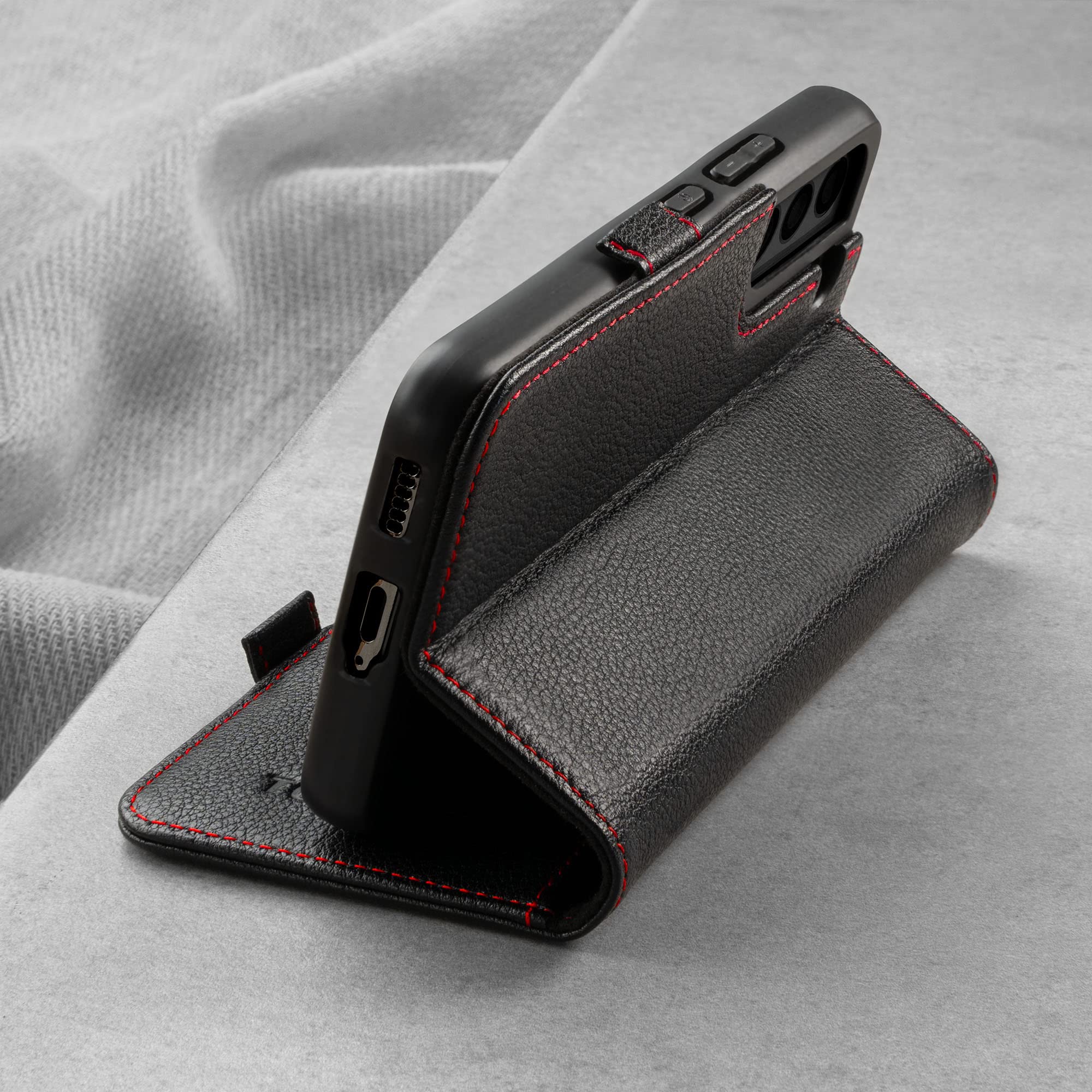 Premium Genuine Leather Phone Case for Samsung Galaxy S22 5G - Slim Protective Cover with Card Slots & Kickstand | Horizontal Viewing Stand | Perfect for Work, Travel and Everyday Use (Black)