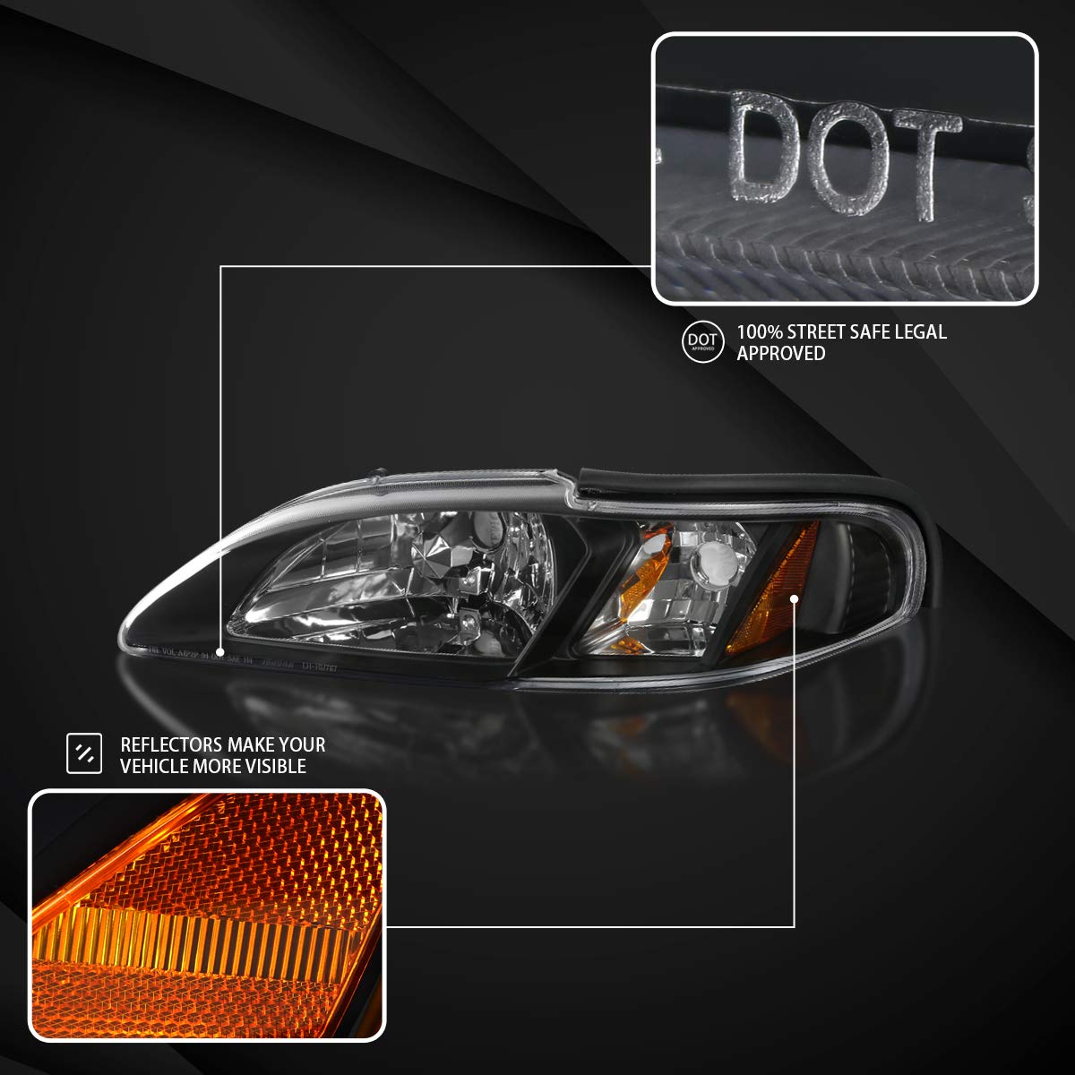 AUTOZENSATION Black Housing Clear Lens Headlights & Corner Lights Pair Compatible with 1994-1998 Ford Mustang - Left & Right Side Replacement for Improved Night Driving & Car Customization