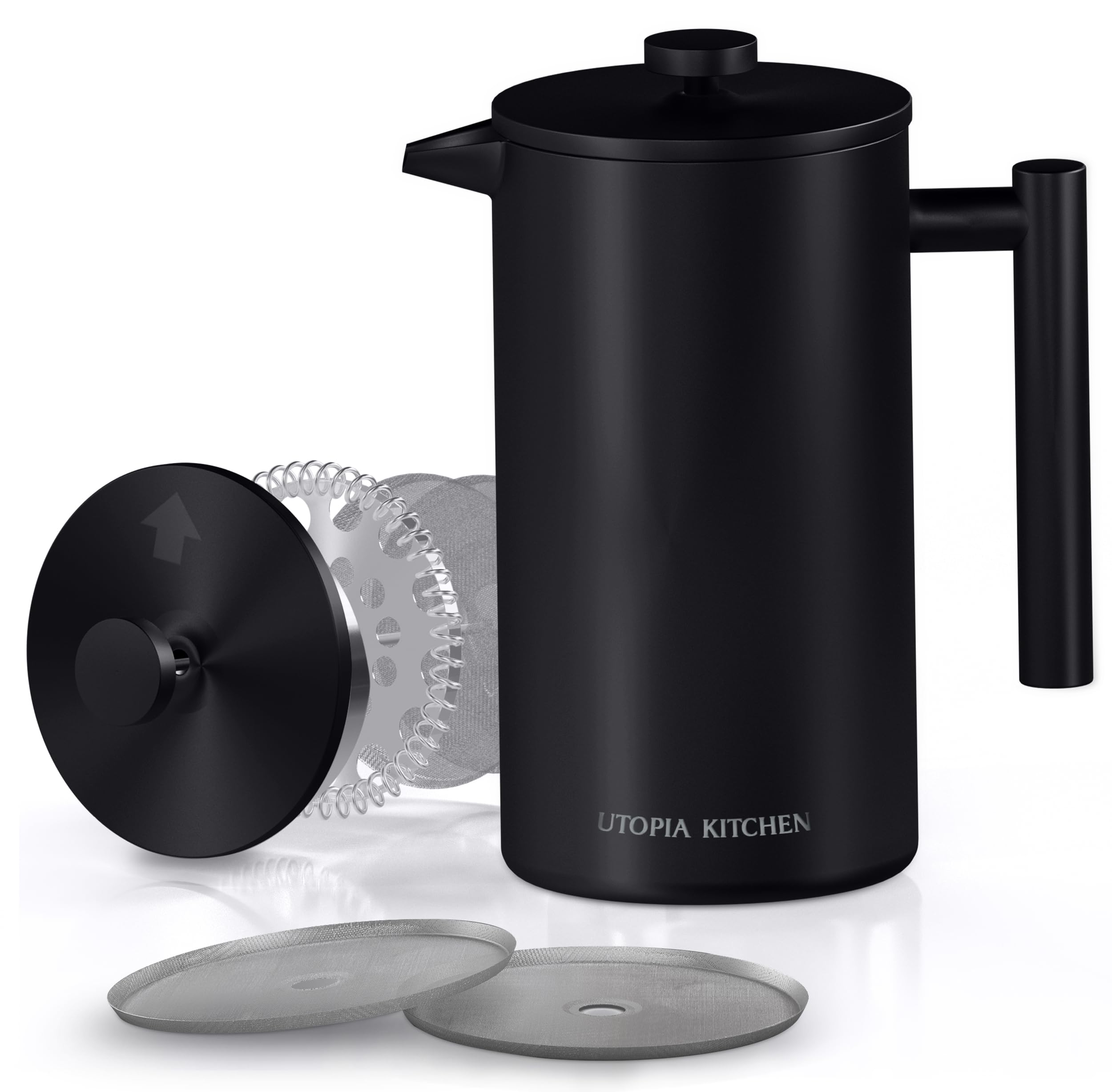 Premium Stainless Steel French Press Coffee Maker 34 Oz (1 Liter) - 2 Extra Filters Included - Ideal for Home, Office, Camping & Travel - Perfect for Hot Coffee, Tea & Cold Brew - Durable & Stylish Black Design