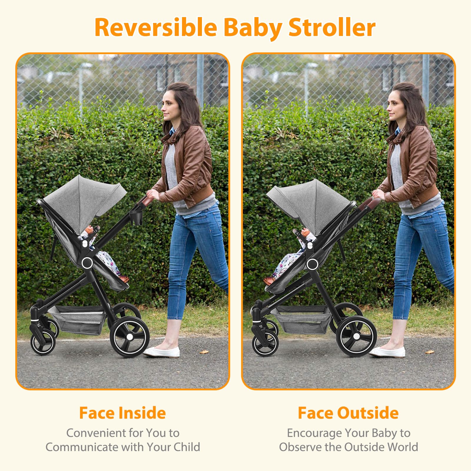 GAOMON 2-in-1 Baby Stroller with Reversible Bassinet | Adjustable Backrest & Foldable Lightweight Design | Shock-Absorbing Aluminum Alloy Frame for Newborns & Infants (Light Gray) | Perfect for Park Walks, Shopping & Travel