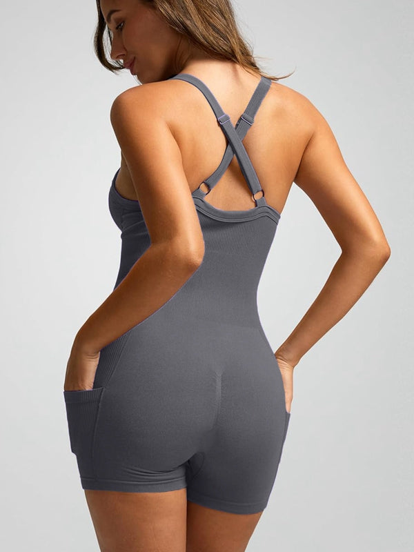 ZASUWA Women's Ribbed Pocket Cross Back Scrunch Bum Seamless Romper Jumpsuit - Perfect for Yoga, Gym, Workout & Lounge Wear