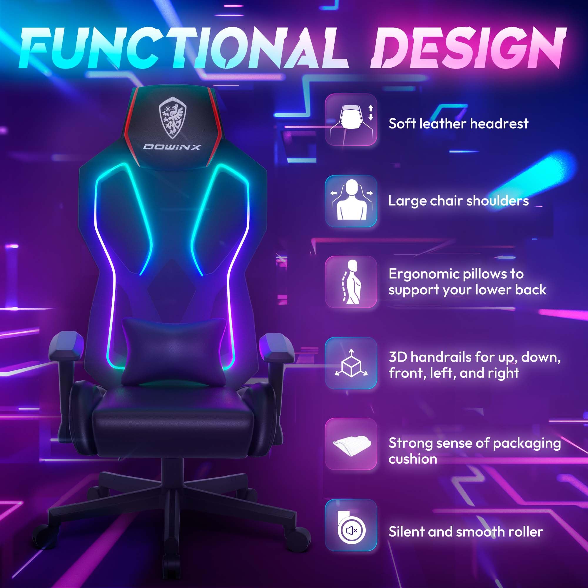 Dowinx RGB Gaming Chair with LED Lights - Ergonomic Computer Chair for Adults, Reclining Video Game Chair with Adjustable Lumbar Support & Headrest - Perfect for Gaming Setup, Office Work & Streaming (Black Red)