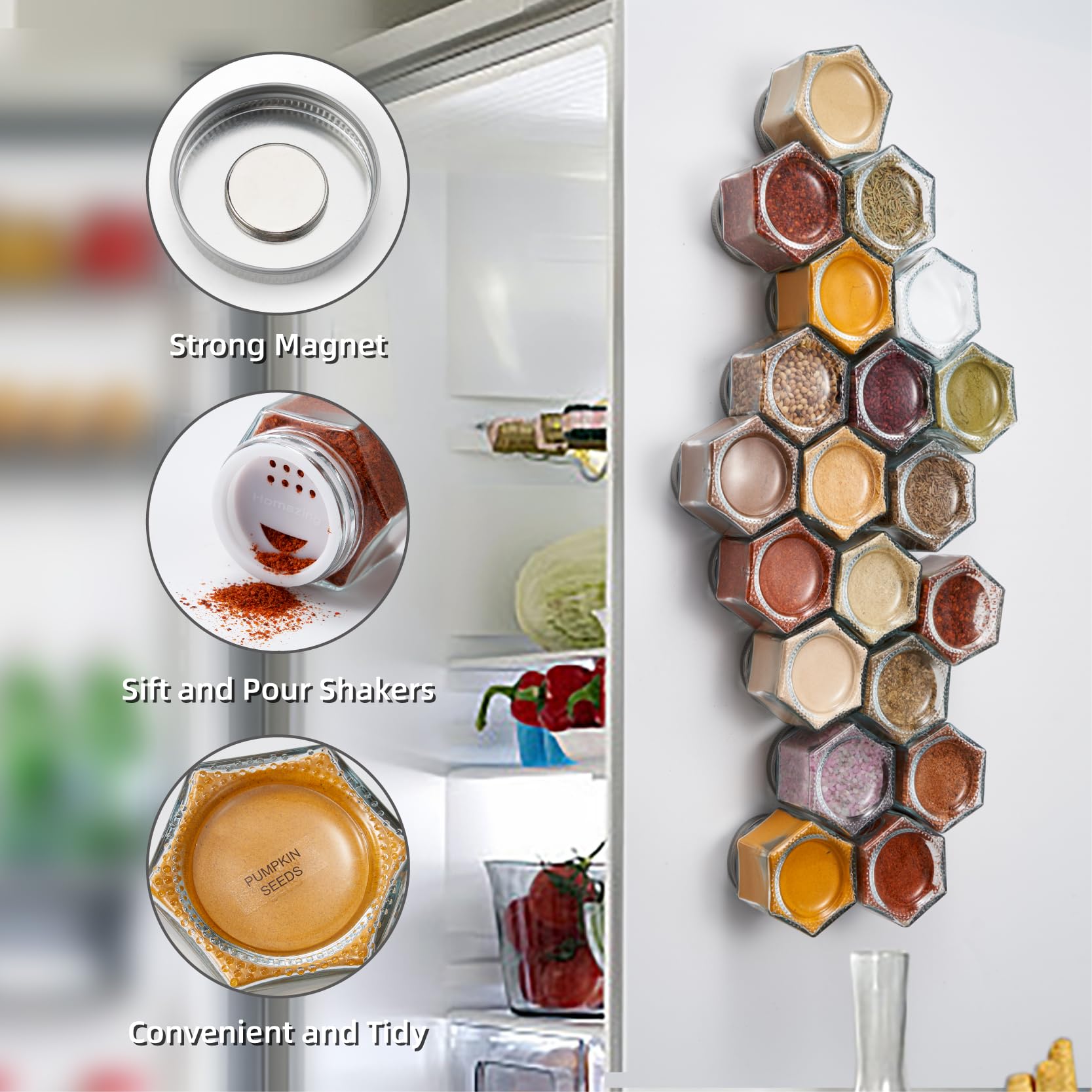 20-Pack Large 4oz Magnetic Spice Jars - Hexagon Glass Containers with Shaker Lids & Labels for Refrigerator, Kitchen, RV, Travel Trailer - Perfect for Space-Saving Spice Storage & Organization