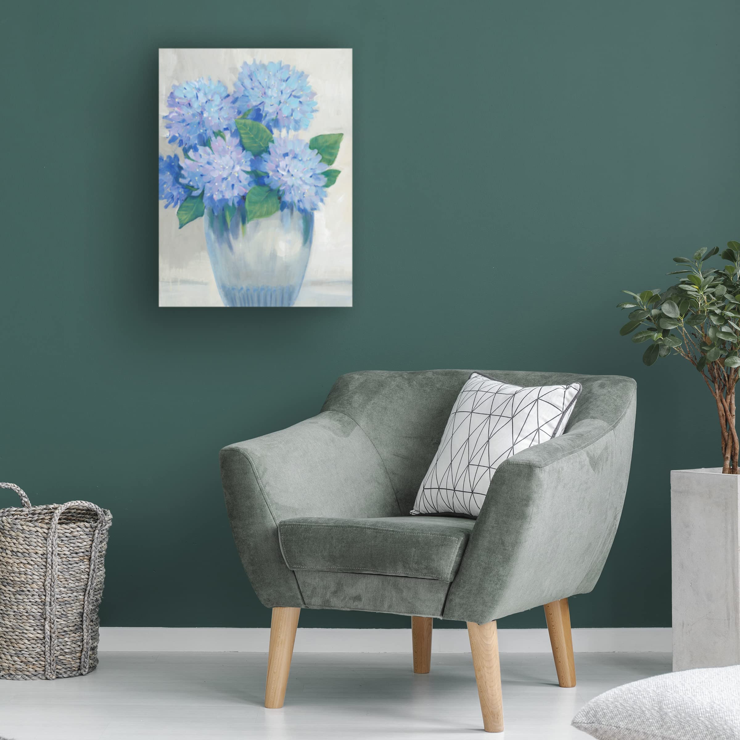 Blue Hydrangeas in Vase II Canvas Wall Art Print by Tim O'Toole - Floral Home Decor for Living Room, Bedroom & Office