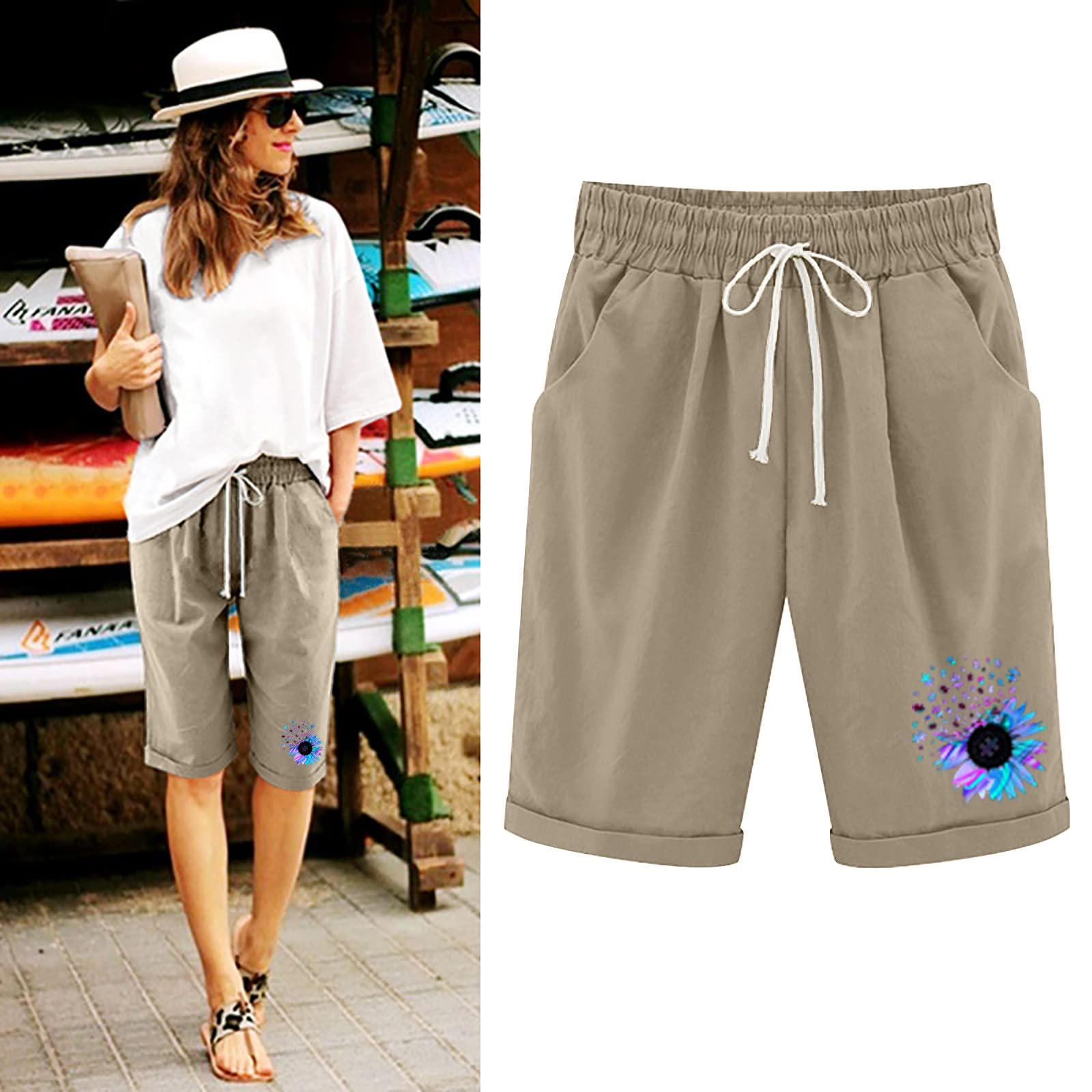 Women's Bermuda Shorts with Pockets - Knee Length Summer Casual Shorts for Beach & Travel