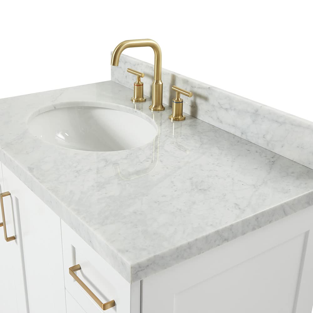 ARIEL Taylor 37 Inch White Bathroom Vanity with Sink - Solid Wood Base Cabinet, Carrara Marble Countertop, Left Rectangular Undermount Single Sink, 2 Soft Closing Doors & 5 Drawers - Perfect for Modern Bathroom Renovation, Small Space Design, and Luxury Home Upgrade