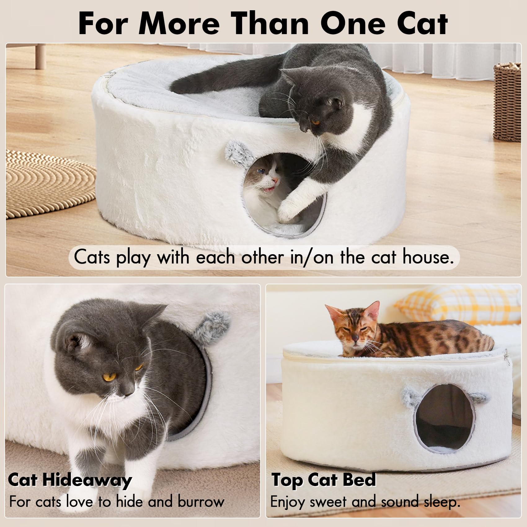 Cozy Fluffy Cat Cave Bed for Indoor Cats - Large Enclosed Cat House with Removable Washable Cover, Perfect for Kittens & Small Dogs | Oval Cat Hideaway for Sleeping & Relaxing in Living Room or Bedroom