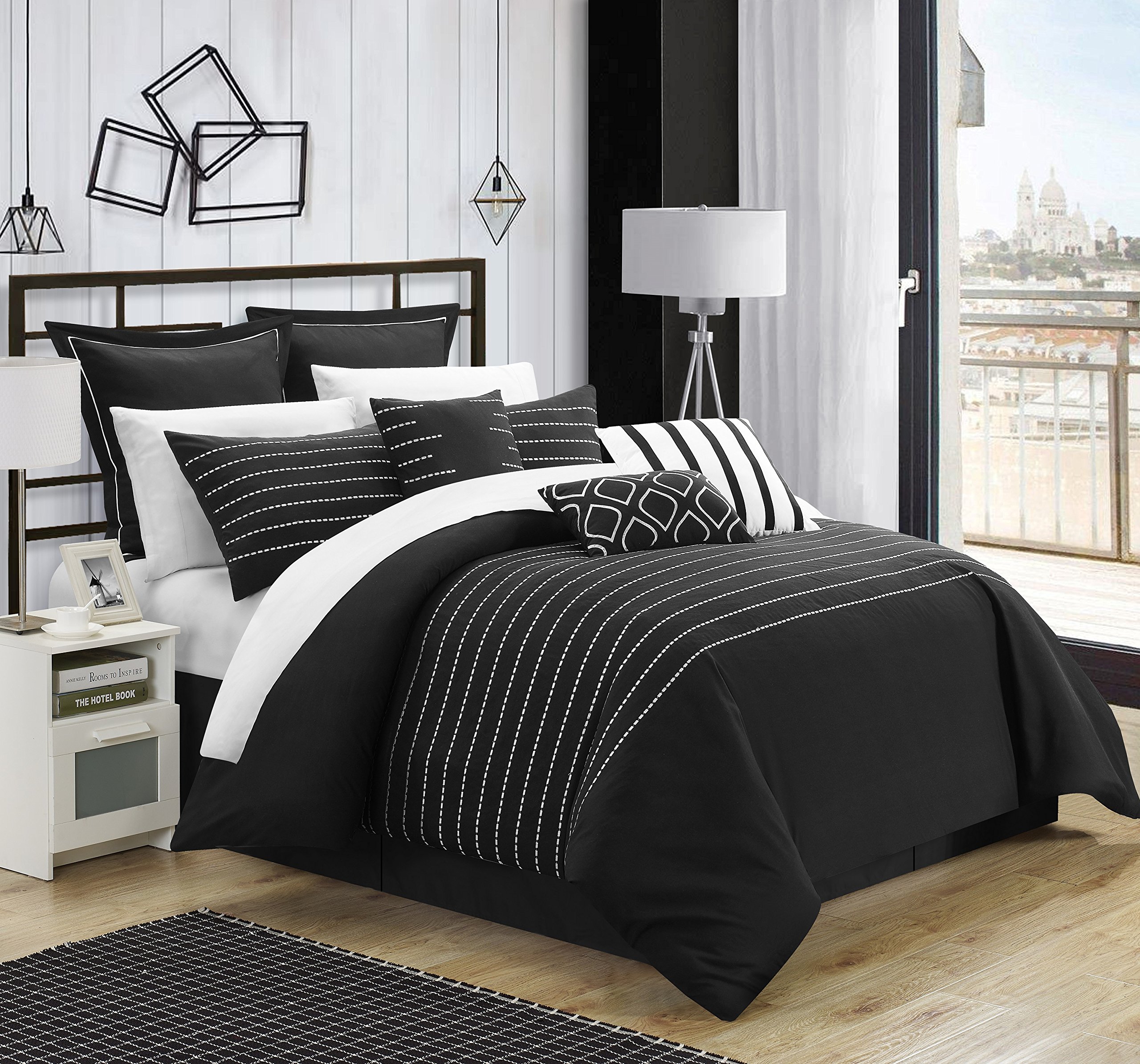 Chic Home CS3962-AN Brenton Super Rich Microfiber Stitch Embroidered 9-Piece Comforter Set - Queen Size, Black | Luxury Bedding for Master Bedroom & Guest Room Decor