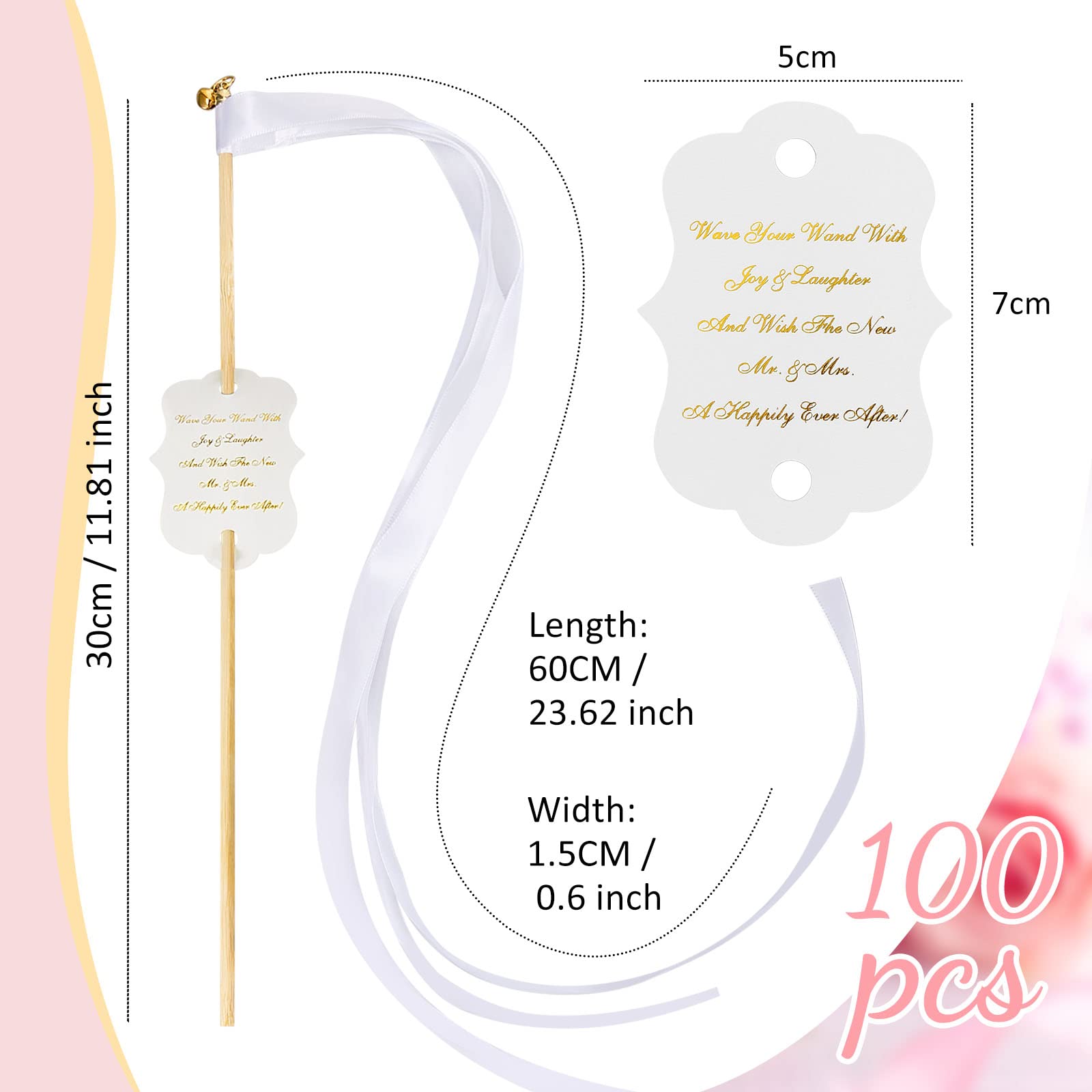 Janinka 100 Sets White Wedding Ribbon Wands with Bells - Elegant Wedding Send Off Sticks, Party Favors & Celebration Decorations - Perfect for Wedding Exits, Bridal Showers, Anniversary Parties & Baby Showers