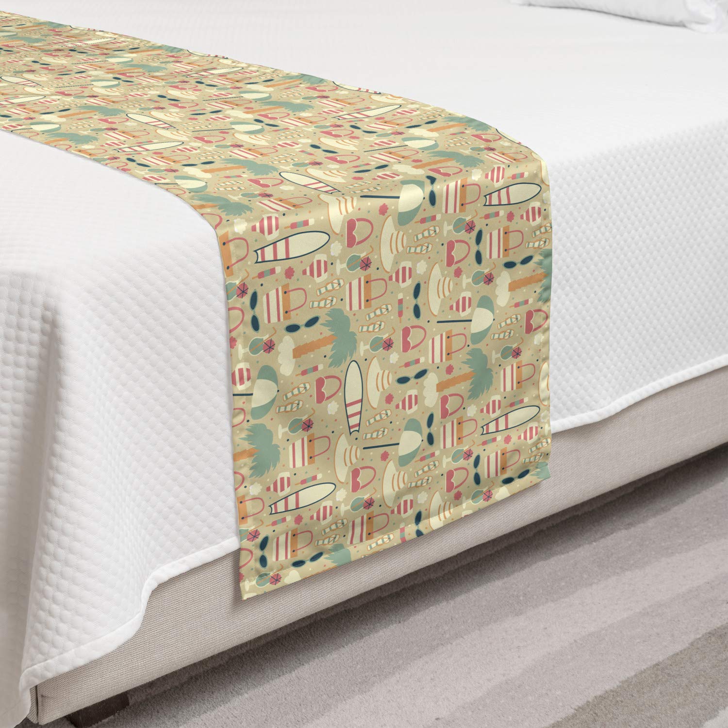 Ambesonne Beach Bed Runner - Exotic Island Summer Vacation Pattern with Retro Fashion Style, Decorative Bedding Scarf for Hotels, Homes & Guest Rooms | Perfect for Coastal Decor, Boho Bedroom Accent & Tropical Themed Weddings