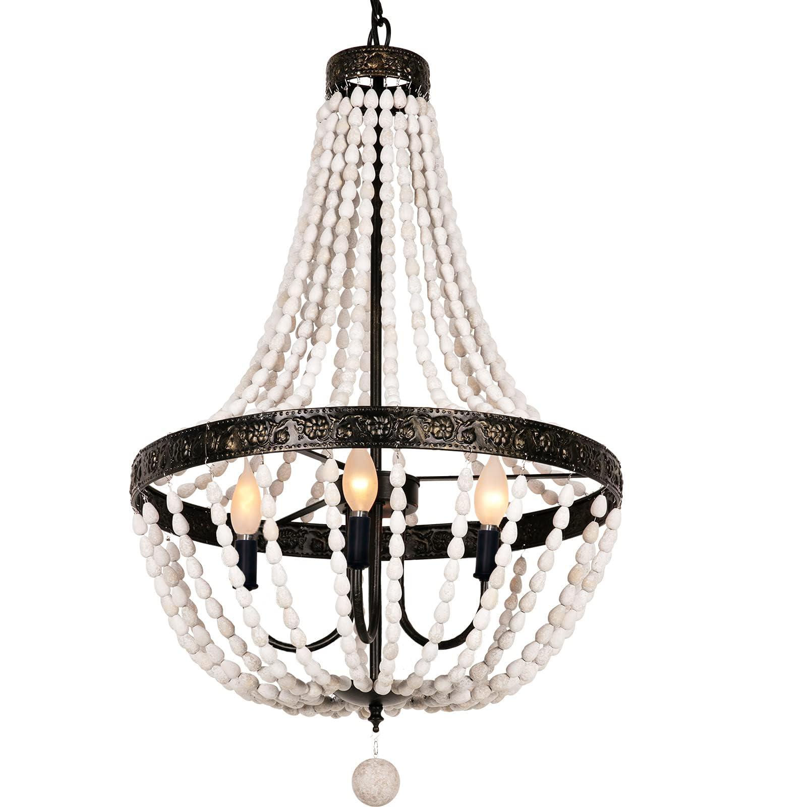 Boho Pendant Light - 16 Inch 3-Light Wood Beaded Chandelier, Rustic Ceiling Hanging Fixture for Bedroom, Living Room, Dining Room, Kitchen & Hallway Decor | Perfect for Farmhouse, Cottage & Bohemian Style Homes